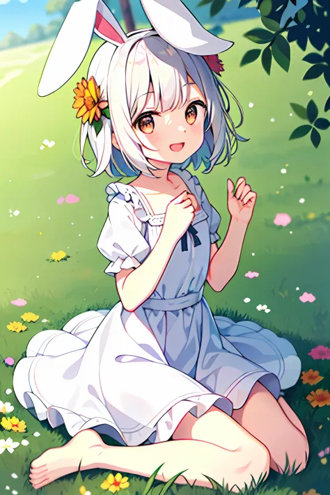 (masterpiece,best quality), 1girl,petite,flat chest, solo, solo focus, (animal ears, rabbit ears), barefoot, knees up, dress, si...