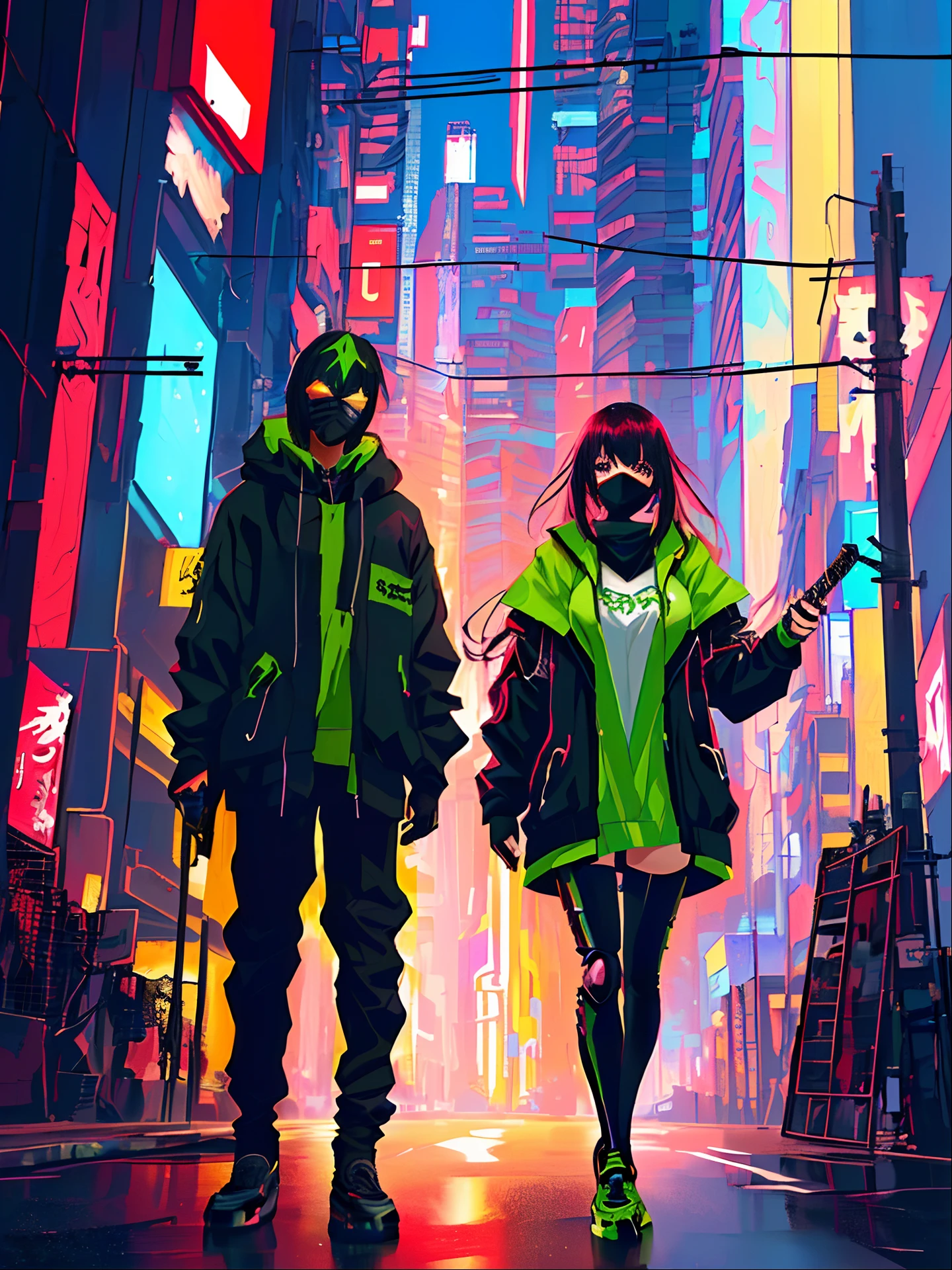 2 in a black outfit holding a sword and a green mask, 3 d render arte do caractere 8 k, samurai cyberpunk muito bonito, assassino cyberpunk, badass anime 8 k, garota anime cyberpunk, Digital Cyberpunk - Arte de Anime, arte digital do anime cyberpunk, deviantart artstation cgscosiety, no estilo cyberpunk, Garota de anime cyberpunk com capuz, menina de anime cyberpunk feminino