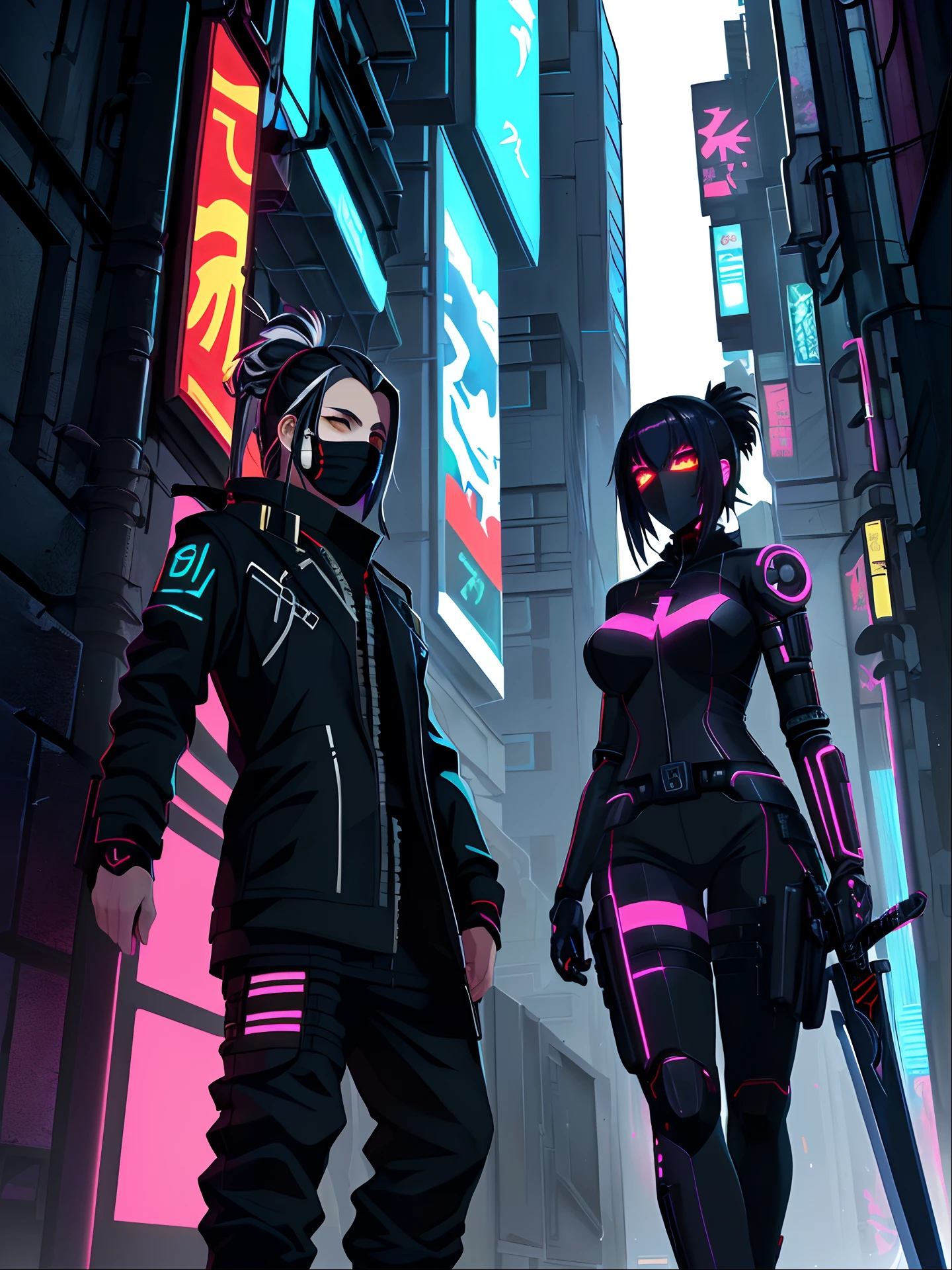 2 in a black outfit holding a sword and a green mask, 3 d render arte do caractere 8 k, samurai cyberpunk muito bonito, assassino cyberpunk, badass anime 8 k, garota anime cyberpunk, Digital Cyberpunk - Arte de Anime, arte digital do anime cyberpunk, deviantart artstation cgscosiety, no estilo cyberpunk, Garota de anime cyberpunk com capuz, menina de anime cyberpunk feminino