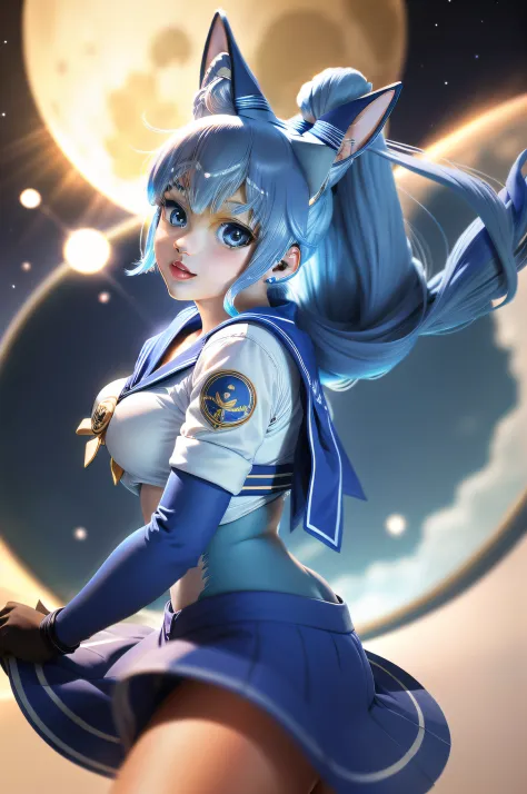 a sailor moon, blue hair, straight hair, floating happily in space, moon in the center, furry, cat