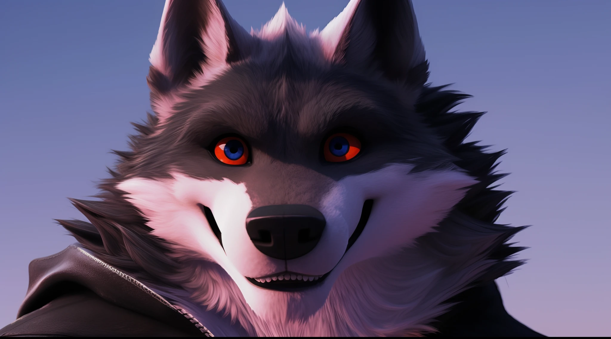 Death Wolf, so heiß, so sexy, so köstlich, so schön, seine Augen sind rot und hübsch, er sieht den Betrachter mit einem sehr verführerischen Lächeln an, 3D ULTRA HD 8K (Facebook-Profilbild)