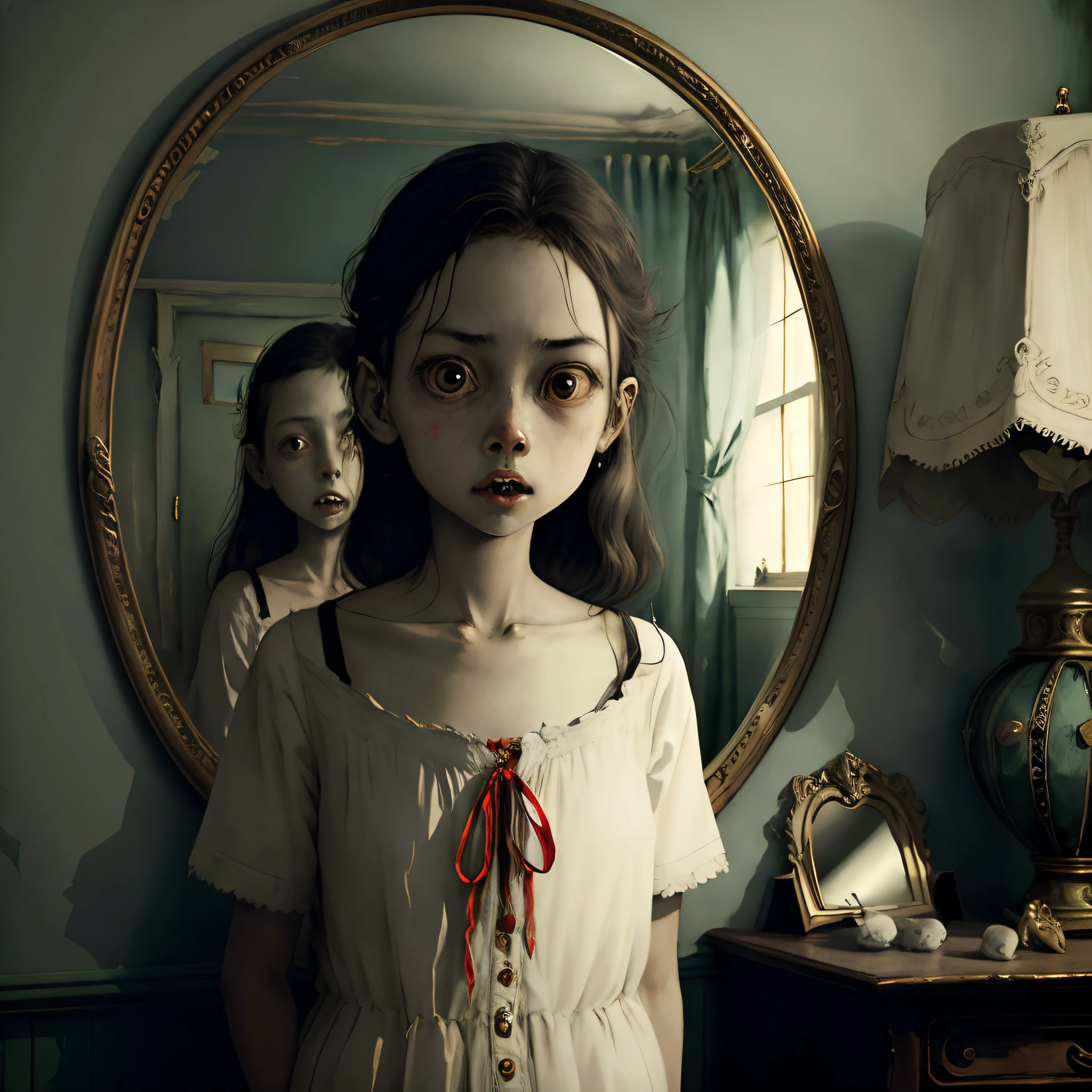 Girl in fright.it is not reflected in the mirror...