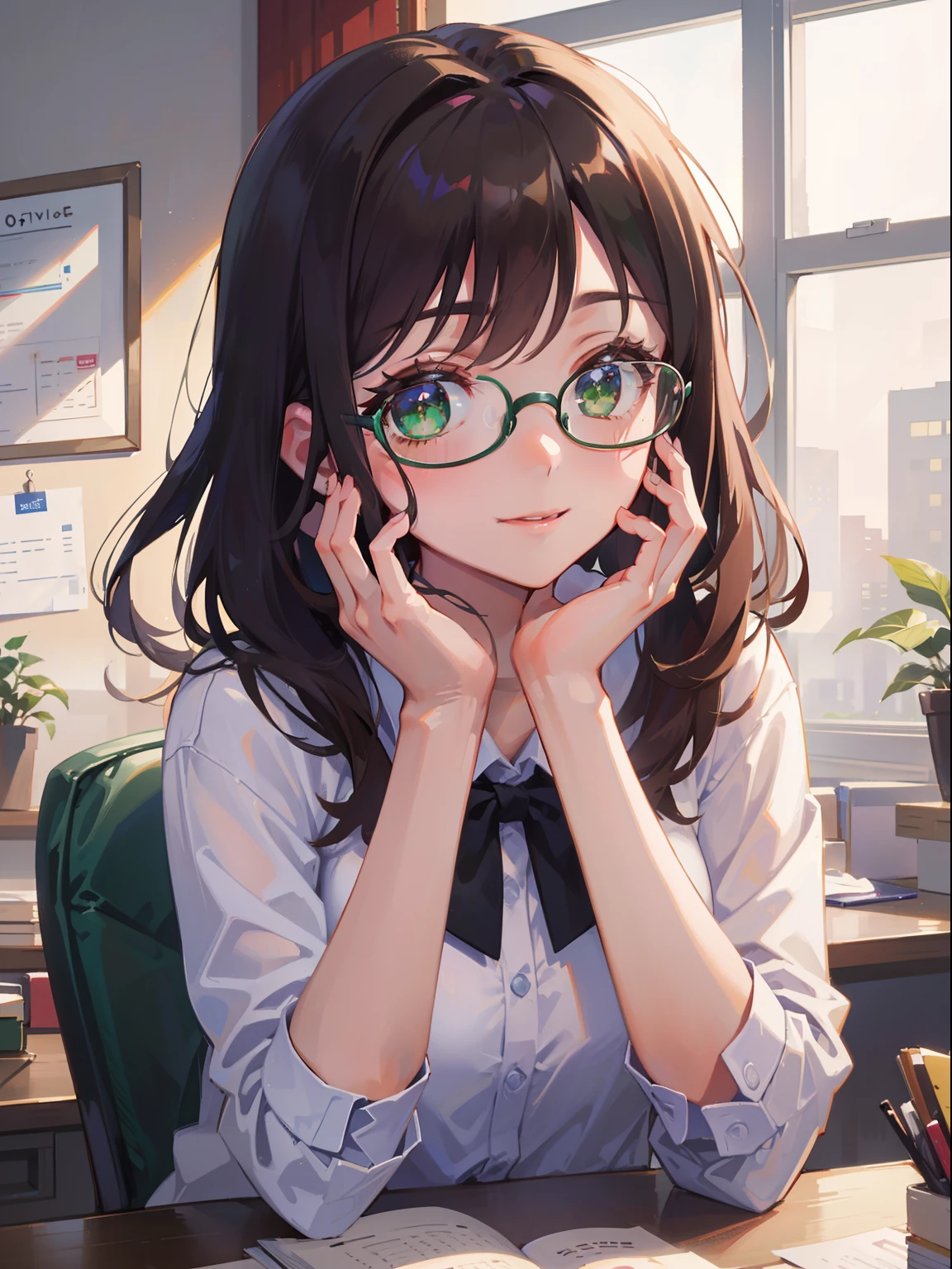 (masterpiece), (best quality), ultra high res, sharp focus, ((1 woman, solo)), (in the office), (at the morning time:1.2), upper body, medium long shot, MLS, beautiful detailed hair, chestnut brown hair, long hair tumbles down, glasses, ((beautiful shape eyes, green eyes)), beautiful detailed face, perfect feminine face, comfortable face, look at the viewer, smiles, formal office outfit