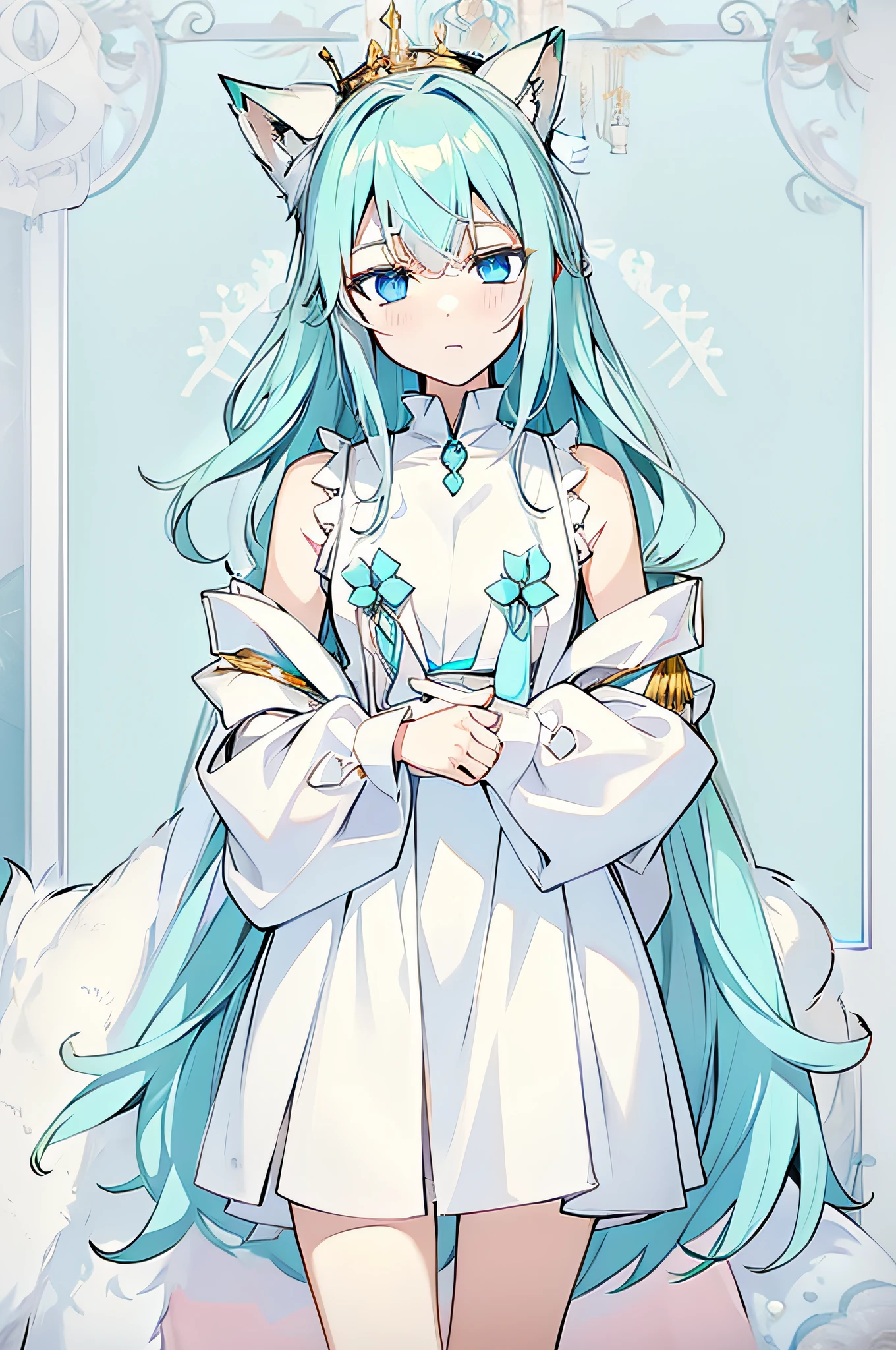 Un garçon animé femboy aux cheveux bleus et une couronne sur la tête, Waifu anime mignon dans une jolie robe, cyan blanc,  pas habillé, pixiv, mikudayo, Melhor Avaliado em pixiv, Arte digital no pixiv, Estilo pixiv, Vencedor do concurso pixiv, déesse animée, divinité aux cheveux blancs, Hatsune Miku portrait, na empresa pixiv