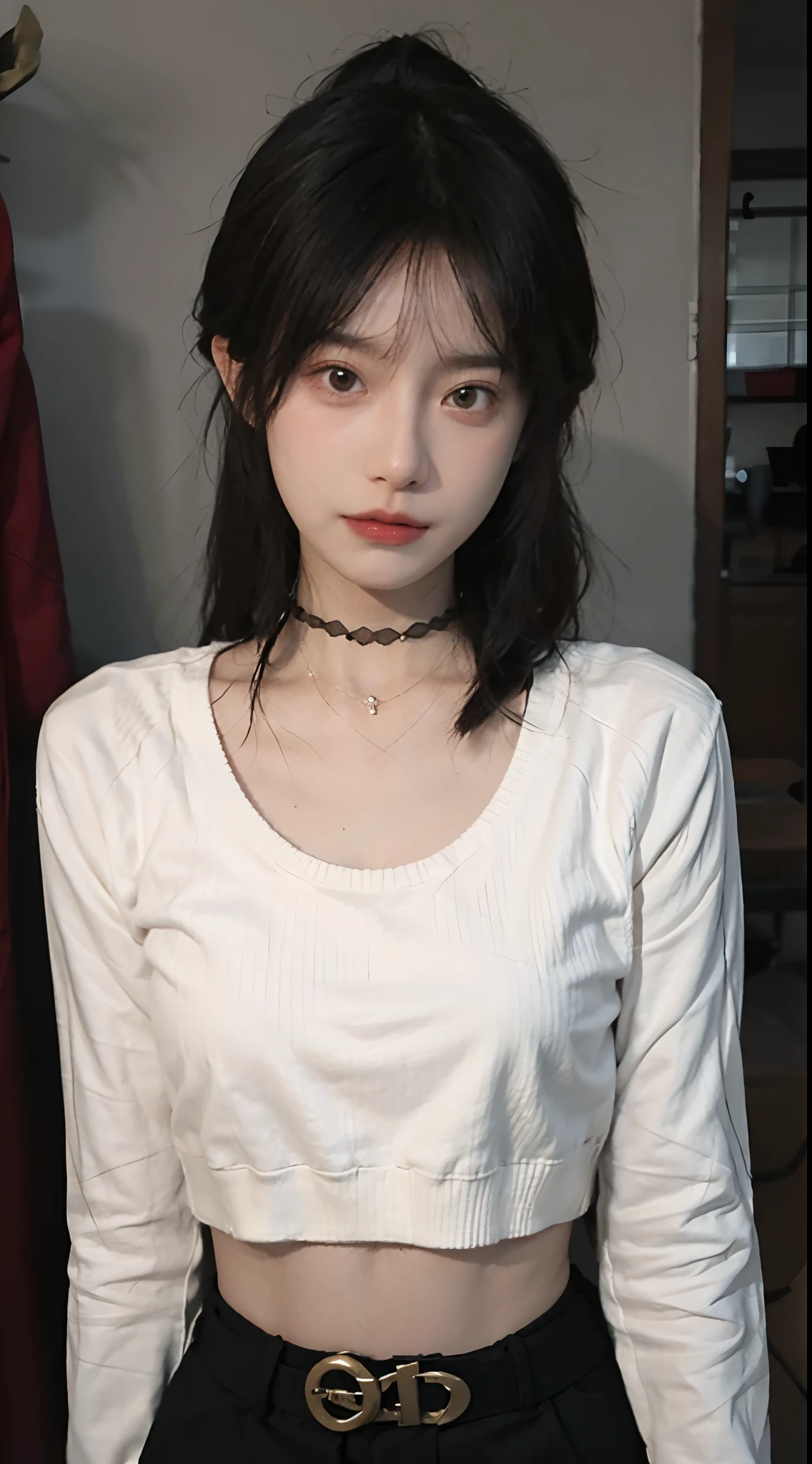 best qualtiy， 超高分辨率， （realisticlying：1.4），cute hairpin，Baoyu Girl，lipsticks，1girll, ,Cropped red sweater，，Beautiful woman with a slim figure:1.4, Abs:1.1,   浴室,Ultra-fine face，Elaborate Eyes，二重まぶた，choker necklace