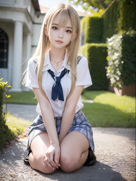 portlate、(School Uniforms)、bright expression、poneyTail、Young shiny shiny white shiny skin、Best Looks、Blonde reflected light、Platinum blonde hair with dazzling highlights、shiny light hair,、Super long silky straight hair、Beautiful bangs that shine、Glowing cr...