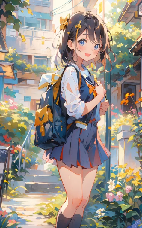 A lively girl in a youth campus： On a youthful campus，A lively girl wearing a school uniform，She was holding a school bag in her...