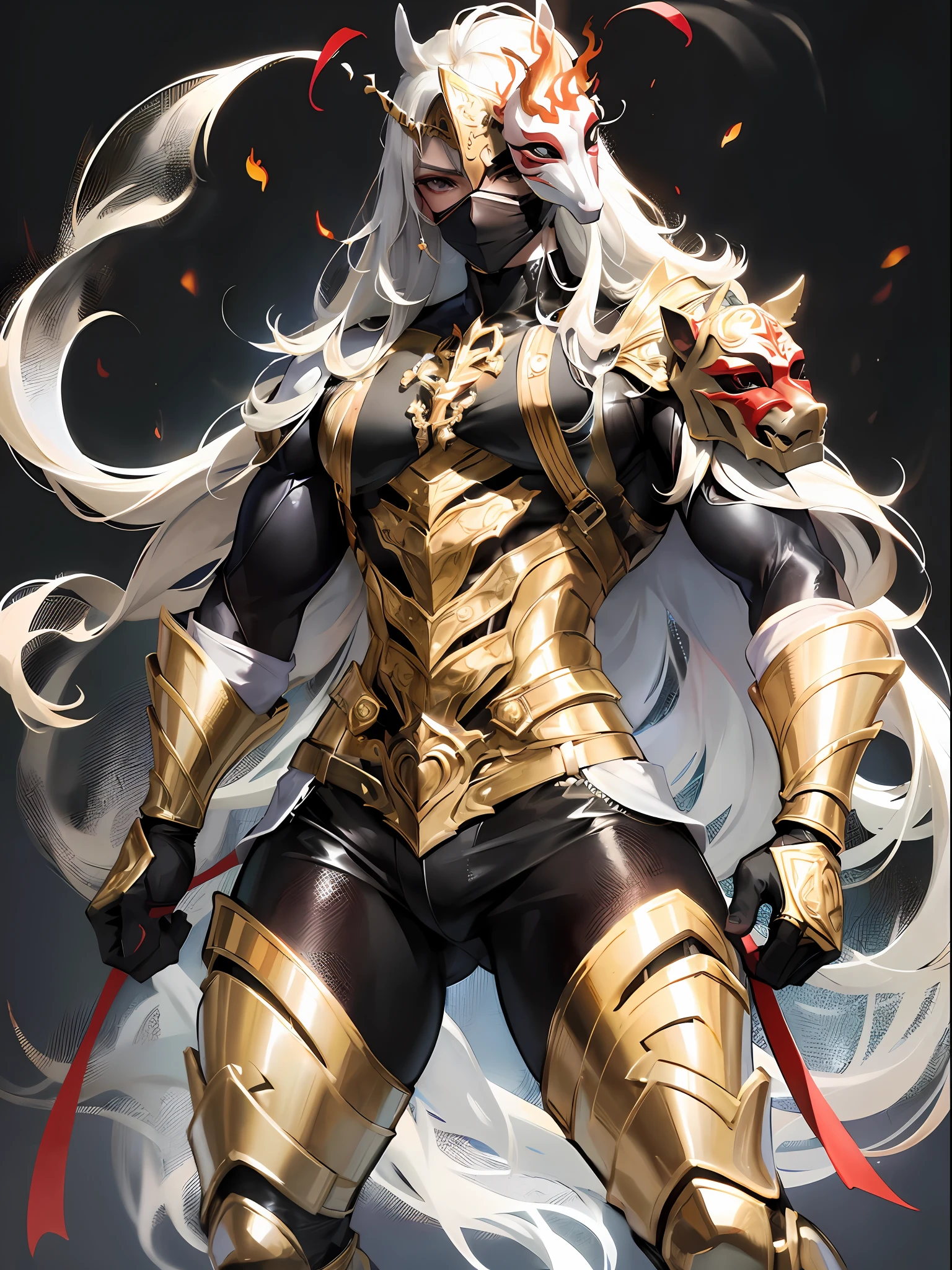 Black and gold shiny armor with fine decoration、Does not expose the skin、Manly strong body、