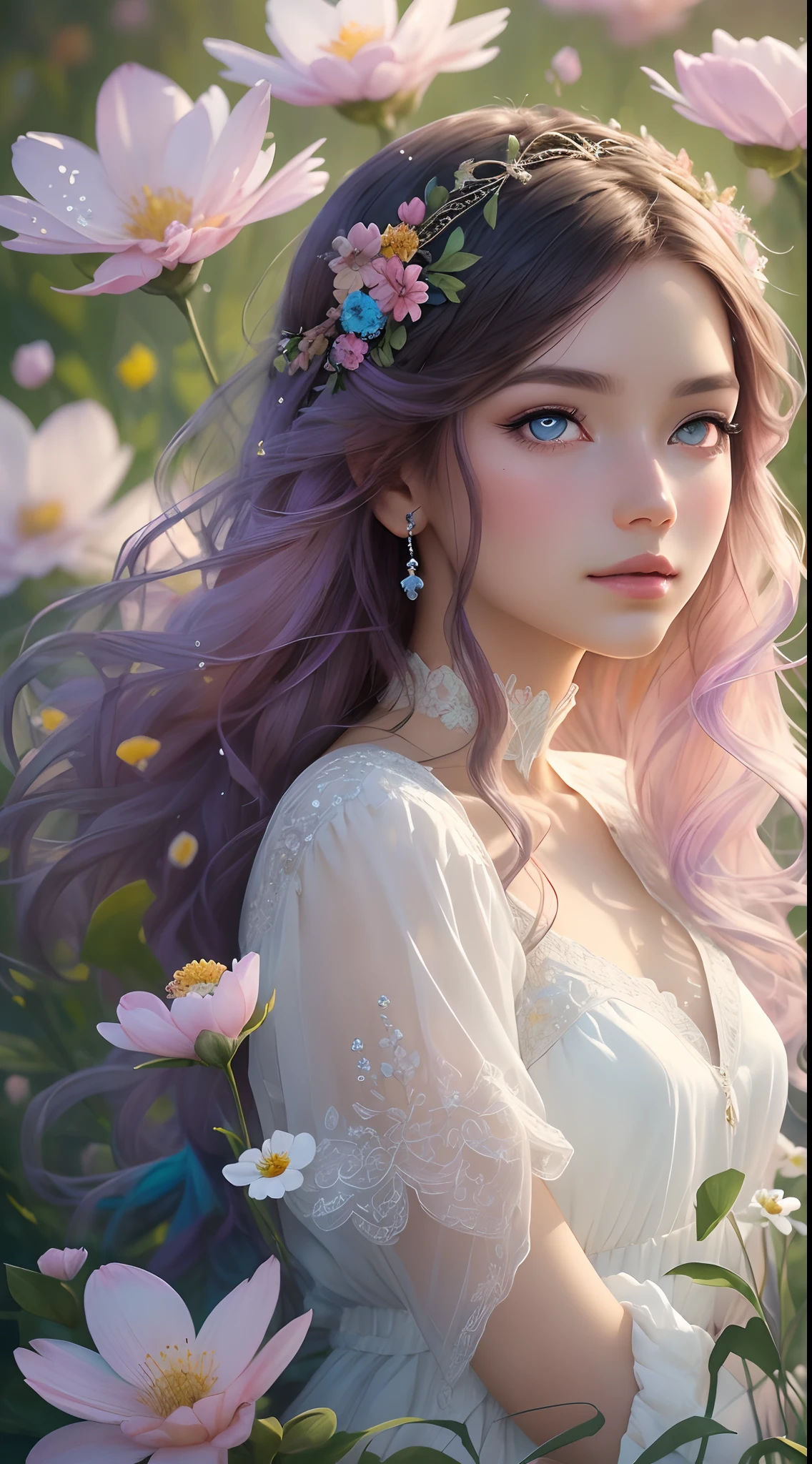 The colors in this image are soft and draw inspiration from gentle watercolors and should be primarily pink. Generate a delicate and tranquil flower princess with soft hair dancing in the wind and intricately braided. Her sweet face has puffy, kissable lips and stunning, highly realistic eyes. She has beautiful eyes, hires eyes, 8k eyes, beautiful detail eyes, beautiful detailed eyes, realistically shaded eyes, and realistic eyes in vibrant colors. She is wearing delicately detailed fabric of gossamer silk and satin. Small pink gemstones and cream pearls detail her clothing. She sits in the midst of the most beautiful meadow in the world and is surrounded by beautiful flowers of varying sizes and colors. The background is wild and unruly, with delicate flowers dancing in the wind and creating a dynamic and compelling image. An ornately flowered headdress adorns her head and soft petals fall around her. The flowers are realistic and very detailed and come in different shapes and sizes, some with iridescence and others with varying shades of pink and blue. Include a soft watercolor sky. The background is wild, with delicate flowers dancing in the wind and colorful pollen filling the air. Include realistic hair and skin texture. Include fantasy details, enhanced details, iridescence, colorful glittering wind, and pollen. Pay special attention to her face and make sure it is beautifully and realistically detailed. The image should be dreamy and ethereal. Include intricate fantasy details. 8k, intricate, elegant, highly detailed, majestic, digital photography, art by artgerm and ruan jia and greg rutkowski surreal painting pearl butterfly filigree, flower petals, (masterpiece, finely detailed beautiful eyes: 1.2), hdr, realistic skin texture, ((ornate)), ((intricate)), ((fantasy00d:1.2)), rays of light, (add details), (add more details), highly detailed, ornate flowers, dew drops, sunlight, rays of sun