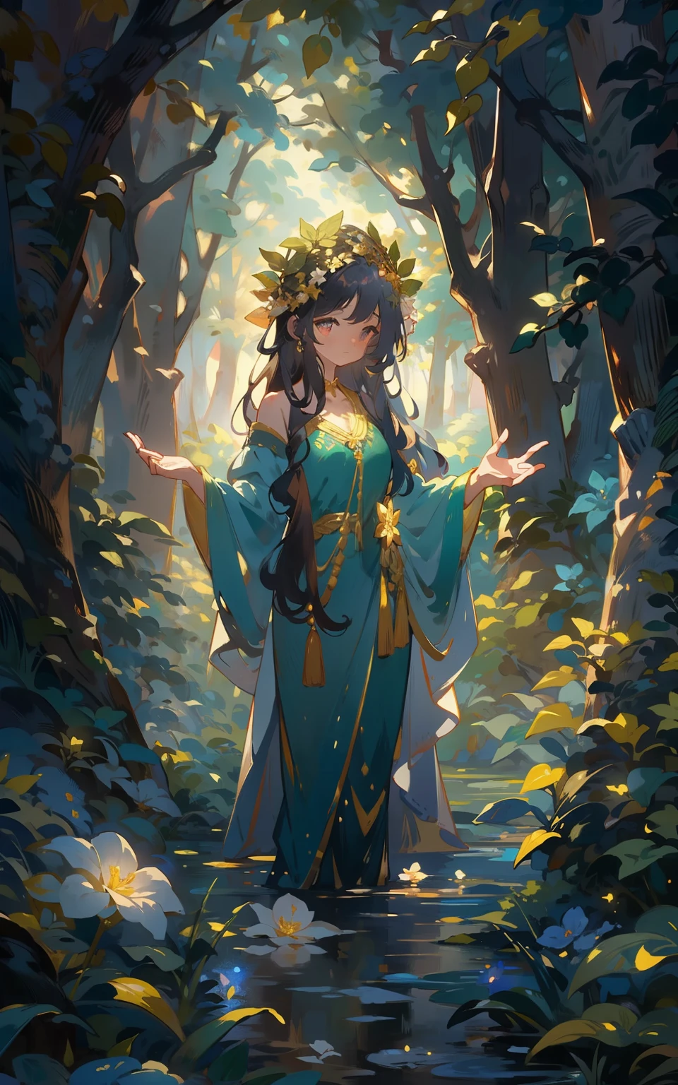 秘密森林的女神： 在一片神秘的森林里，女神女孩穿着华丽的长袍，頭上戴著花冠，眼睛透露着智慧和神秘。她站在森林中央，周围绿树成荫，气氛神秘，整个场景充满了魔幻与魔幻。