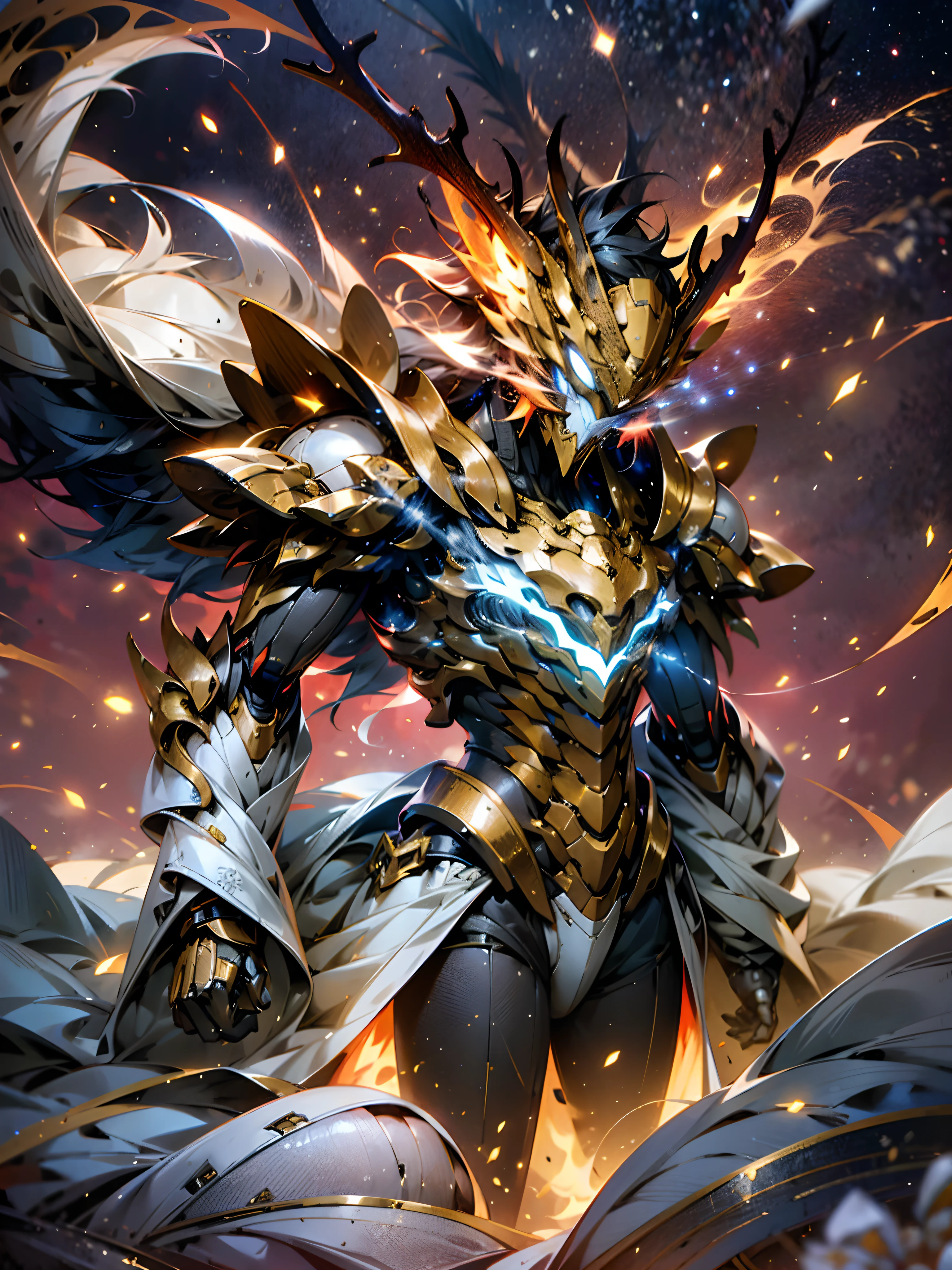 （8K，tmasterpiece，best qualtiy），超高分辨率，（realisticlying：1.4），Flame Dragon Armor，Colored scales，Mecha covers the whole body，Machinary，Shining starry sky，Cloud，A detailed，ultra - detailed，sci-fy，Extremely fine，Golden runes，Particle effect，Focus，East Asian type，Golden antlers，（Magical Circle：1.2），stare into the distance