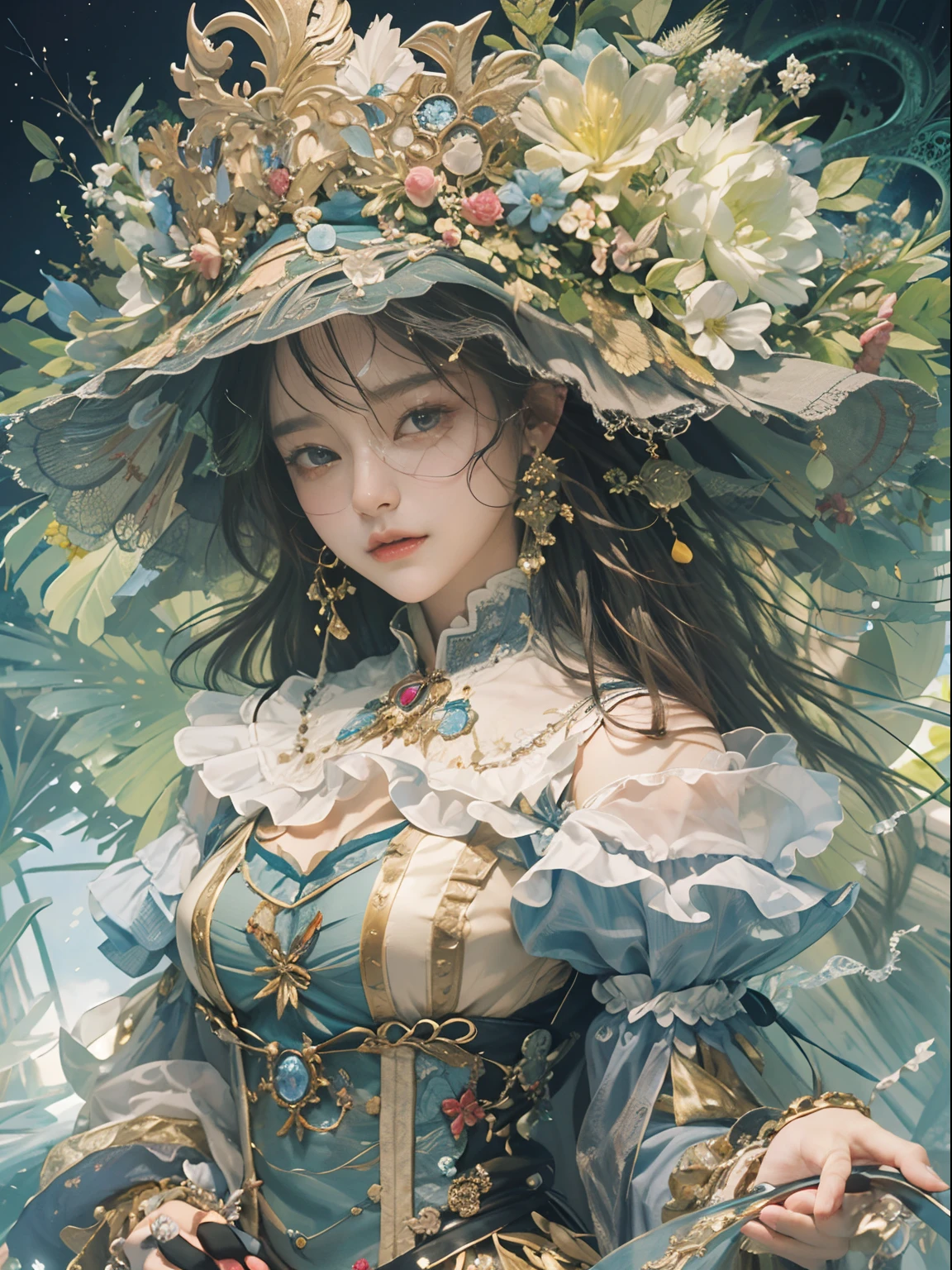 (​masterpiece、top-quality、top-quality、Detailed and complex、Official art、Beautifully Aesthetic:1.3)、(1girl in:1.3)、(Fractal Art:1.3)、colourfull、Vivid、Victorian costume