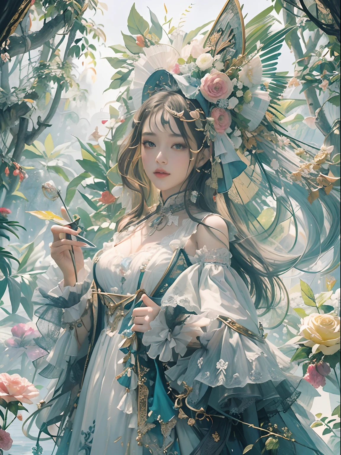 (​masterpiece、top-quality、top-quality、Detailed and complex、Official art、Beautifully Aesthetic:1.3)、(1girl in:1.3)、(Fractal Art:1.3)、colourfull、Vivid、Victorian costume