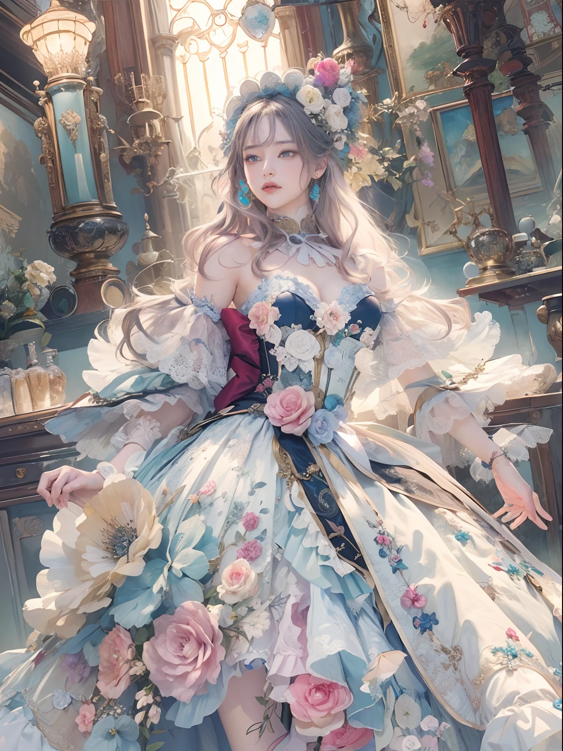 (​masterpiece、top-quality、top-quality、Detailed and complex、Official art、Beautifully Aesthetic:1.3)、(1girl in:1.3)、(Fractal Art:1.3)、colourfull、Vivid、Victorian costume