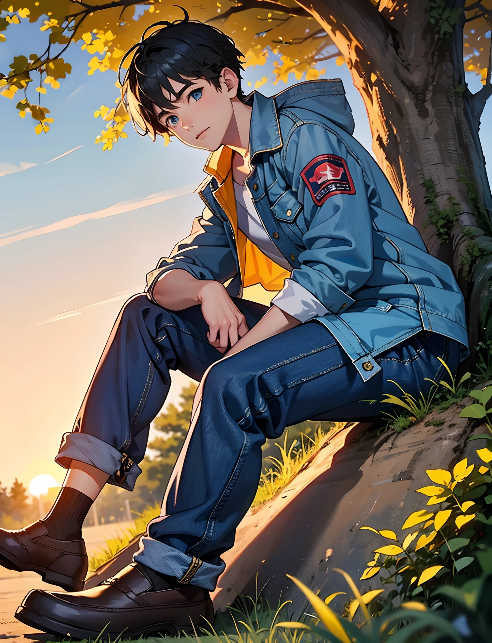 A young boy with，Wear a denim jacket，blue color eyes，sitting in park，Big tree in the background，Sunset and sunset，staring right into camera，Full body photo，Ultra-high definition