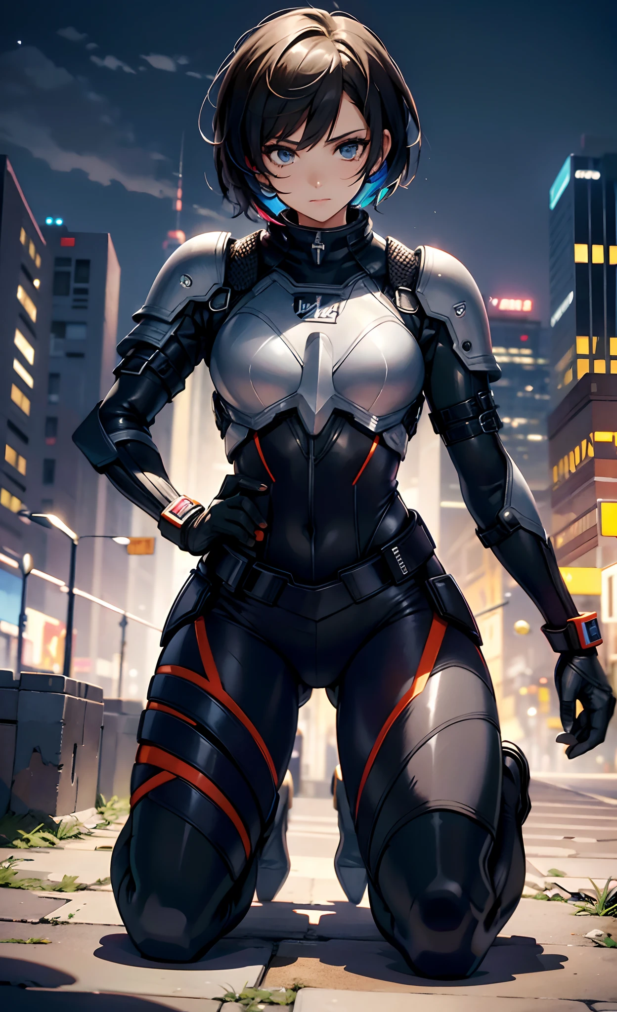 best qualityer，tmasterpiece，Ultimate resolution，downy，Extremely colorful，Colorful，Women combatants，（Kneeling pose）a matural female，Black super short hair，Tight combat suit，tightsuit，Steel City background，the night，Normal posture，Normal posture