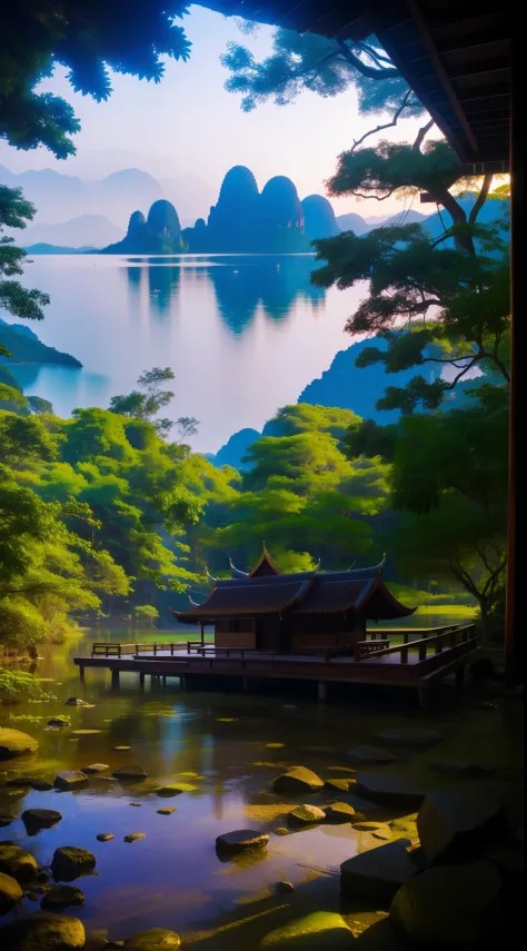 A small Thai-style cottage，lake，Scenic beauty，