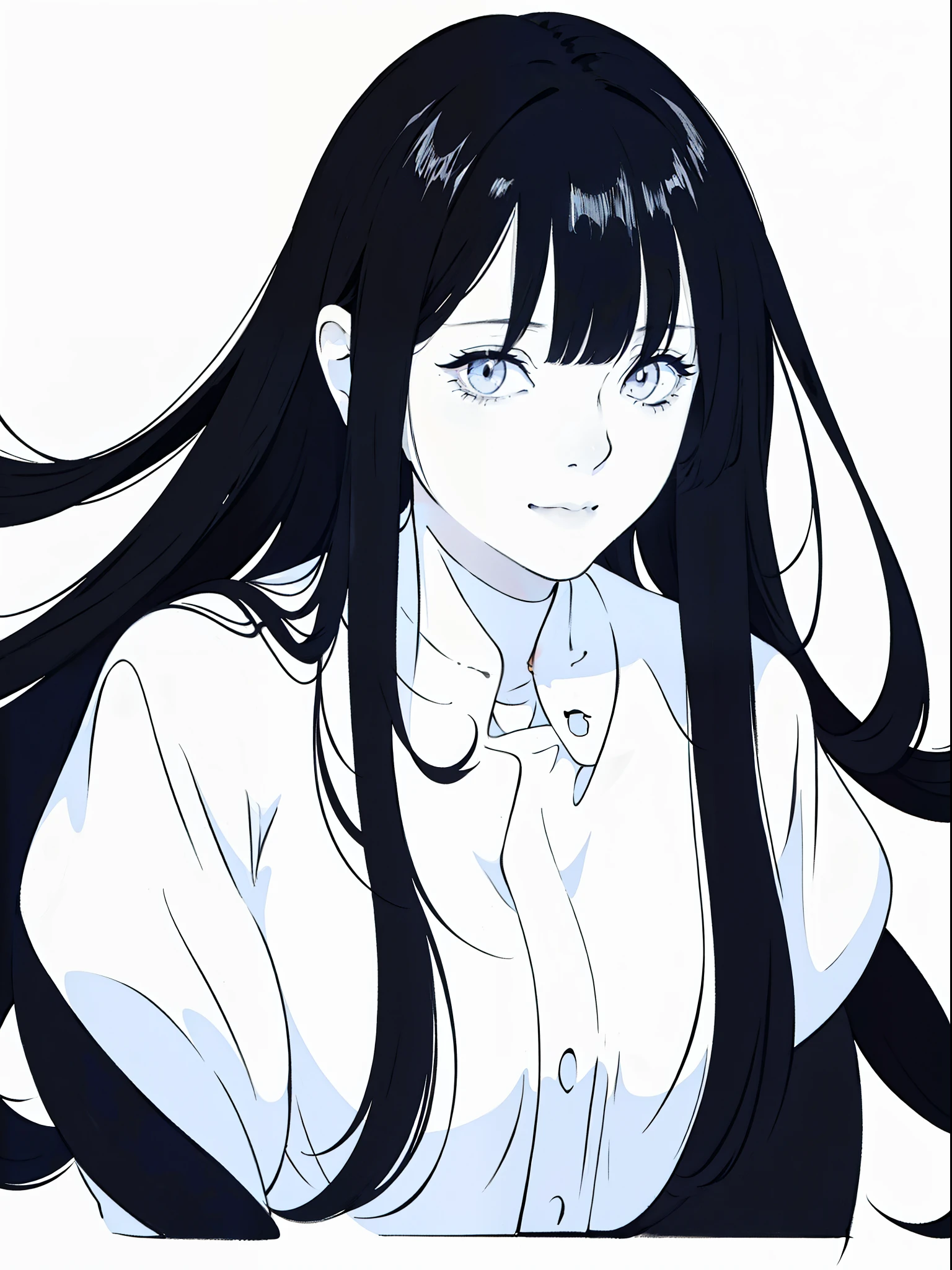 anime girl with long black hair and a white shirt,((black and white portrait)),black and white picture,Smile,minimalist painting,Simple strokes,messy  hair,Messy bangs,Shy,Pure white shirt,Heavy makeup,Headshot,Put lipstick on one's mouth,Side Body,(Wet Hair)