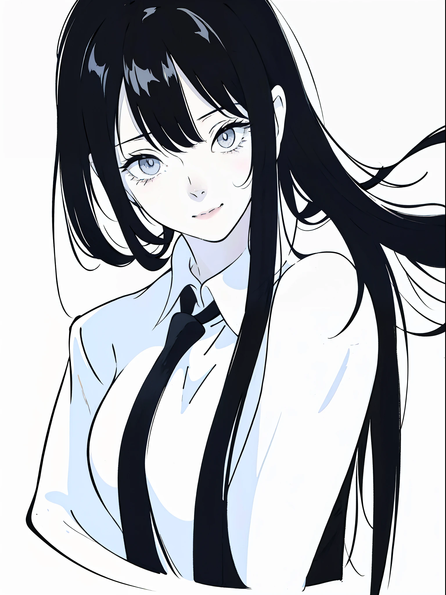 Anime Girl avec de longs cheveux noirs et une chemise blanche,((portrait noir et blanc)),Photo en noir et blanc,sourire,Peinture minimaliste,Traits simples,les cheveux en désordre,frange en désordre,Timide,Chemise blanc pur,maquillage épais,photo du visage,Mettre du rouge à lèvres sur la bouche,Corps latéral,(cheveux humide)