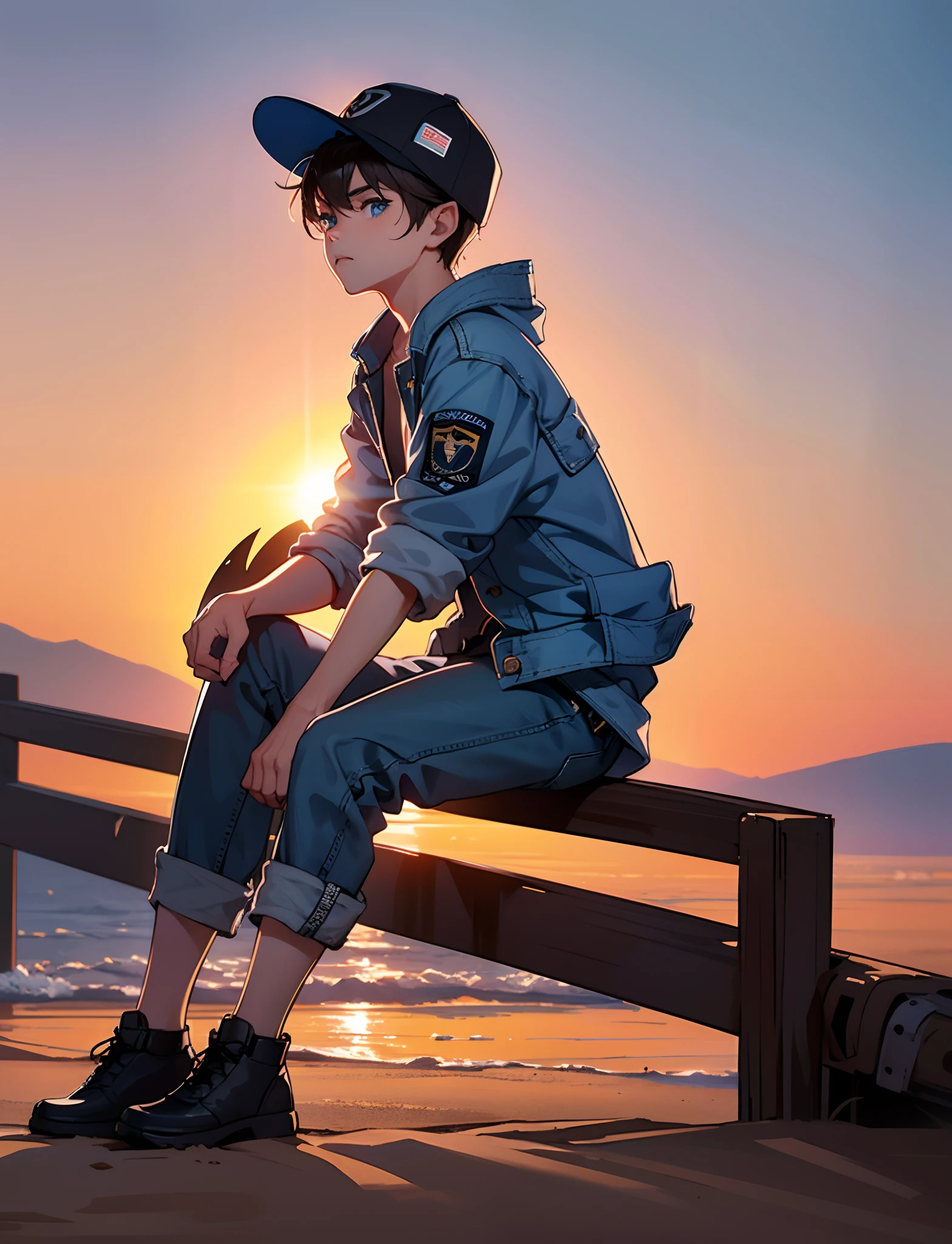 一個小男孩與，穿著牛仔外套，帶著棒球帽，藍色眼睛，坐在沙漠裡，背景海市蜃楼，日落和日落，直視鏡頭，全身照片，超高清