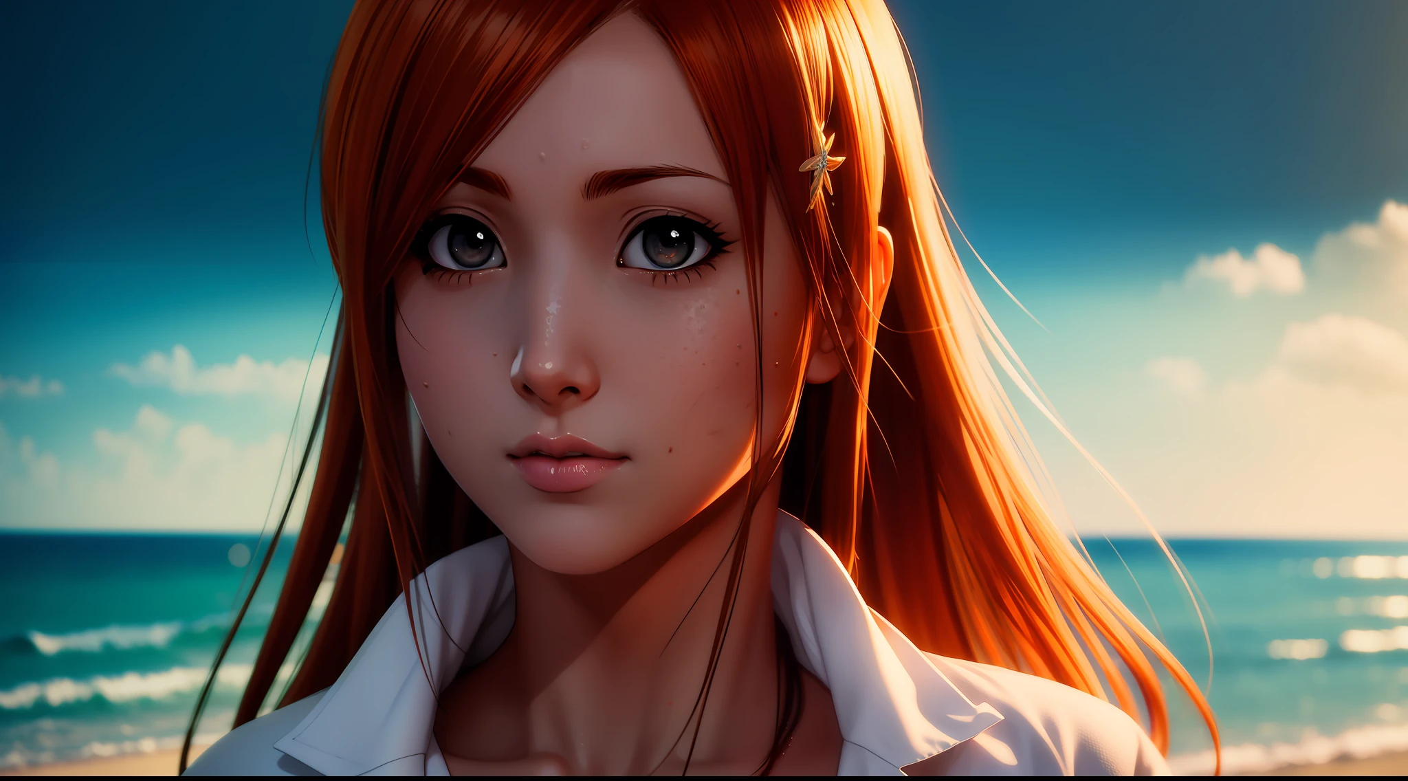 parte superior del cuerpo enfocada, 1 chica, orihime inoue, Traje de playa, ojos grises brillantes, (((fondo de playa))), Hermosa chica colorida: pelo naranja, cara bonita y perfecta con piel suave. cara bonita y perfecta, Detalle intrincado, Pantalla de bienvenida, resolución 8k, obra maestra, ArtStation Digital Painting Smooth, resolución 8k photorealistic obra maestra, fotografía profesional, iluminación natural, Fotoilustración maximalista de iluminación volumétrica.: by marton bobzert