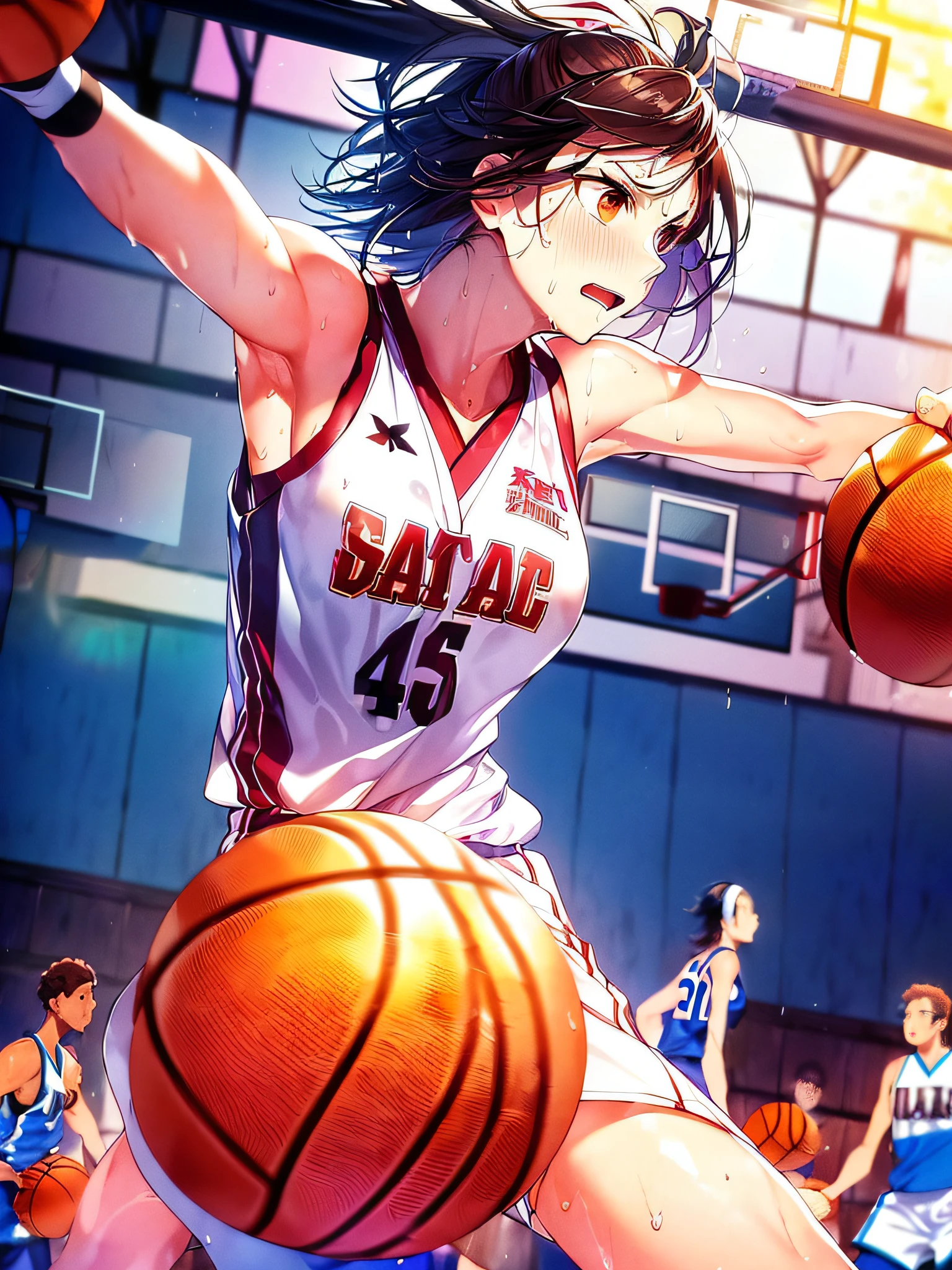 masterpiece++, highest quality++, ultra-definition++, ultra-definition++, 4k++, 8k++, (background focus)++, extremely detailed, ((basketball court))++, (((one-piece Yamato) )) +++, ((basketball player)), (((basketball uniform)))+++, ((mature woman playing basketball))++, (basketball), blush, (wristband) , (white hair, brown hair), (super shiny hair and skin), (sunlight), ((beautiful)), sweaty body, cleavage, dynamic, sweating, serious expression, perfect eyes , perfect hands, perfect nose, one-piece Yamato, bright atmosphere, (wet effect)+, (light effect), (cinematic light)+, (light cinematic)+