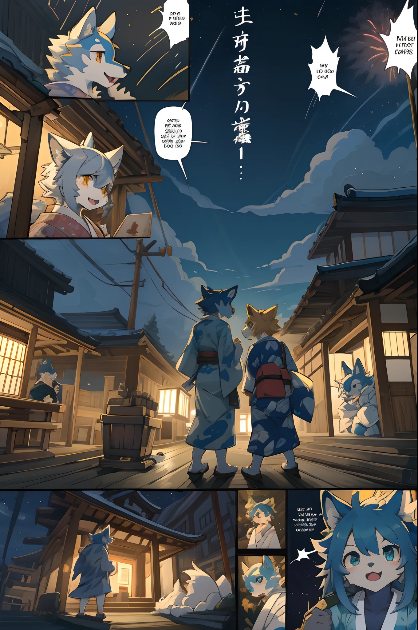 top quality, best quality, highres, masterpiece, super high resolution, detailed background, lake, nigh sky, firework, japanese yukata, 6+boys, 6+girls, absurdres(highly detailed beautiful face and eyes)perfect anatomy, good lighting, cinematic shadow(kemono, furry anthro)assorted expressions, assorted poses, assorted angles, full body, upper shot, dynamic angle(girls comic-like panel layouts, speech balloon, English text, Hand-drawn sound effects stickers used in girls comic),