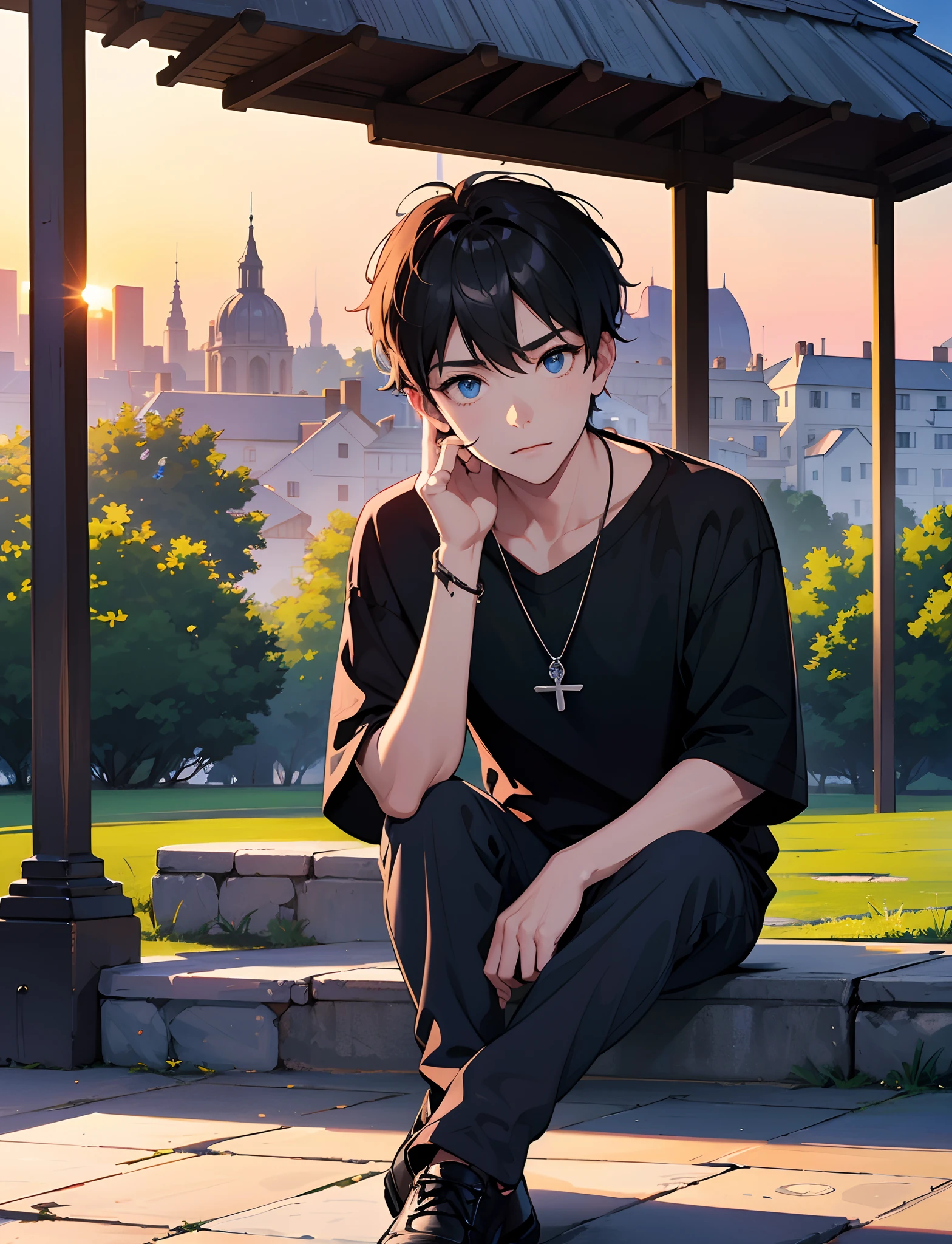 A young boy with，Wear a black T-shirt，blue color eyes，With a necklace，Sit in the gazebo，with a park in the background，Sunset and sunset，staring right into camera，Full body photo，Ultra-high definition