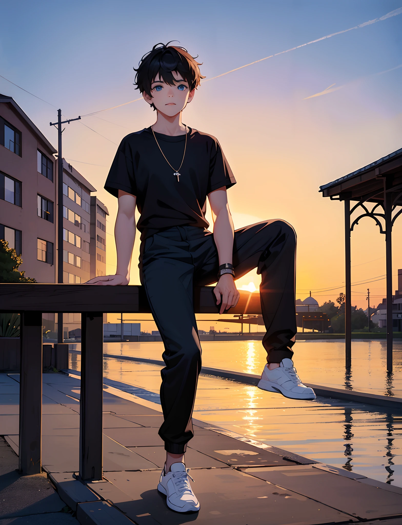 A young boy with，Wear a black T-shirt，Wear sneakers，blue color eyes，With a necklace，Sit in the gazebo，with a park in the background，Sunset and sunset，staring right into camera，Full body photo，Ultra-high definition