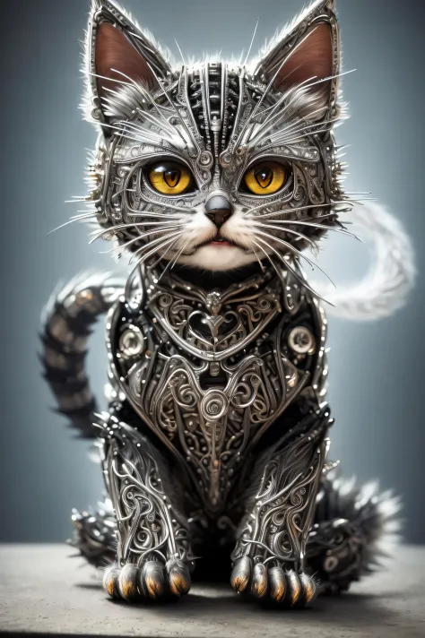to8contrast style, a cute smoky kitten made out of metal, (cyborg:1.2), ([tail | detailed wire]:1.3), (intricate details), hdr, (intricate details, hyperdetailed:1.2), cinematic shot, vignette, centered, by Stray game, (the most beautiful portrait in the world:1.5)