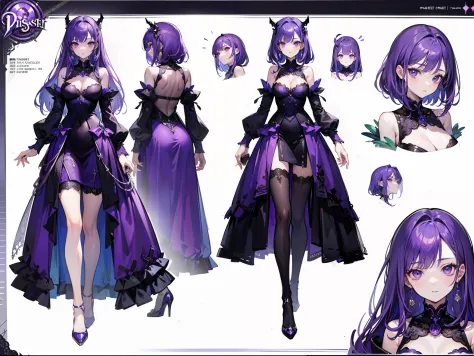 ((Masterpiece, Highest quality)), Detailed face, CharacterDesignSheet， full bodyesbian, Full of details, Multiple poses and expressions, Highly detailed, Depth, Many parts，Purple-haired beautiful girl，Slim figure，emaciated，purple dress，Purple high heels，bl...