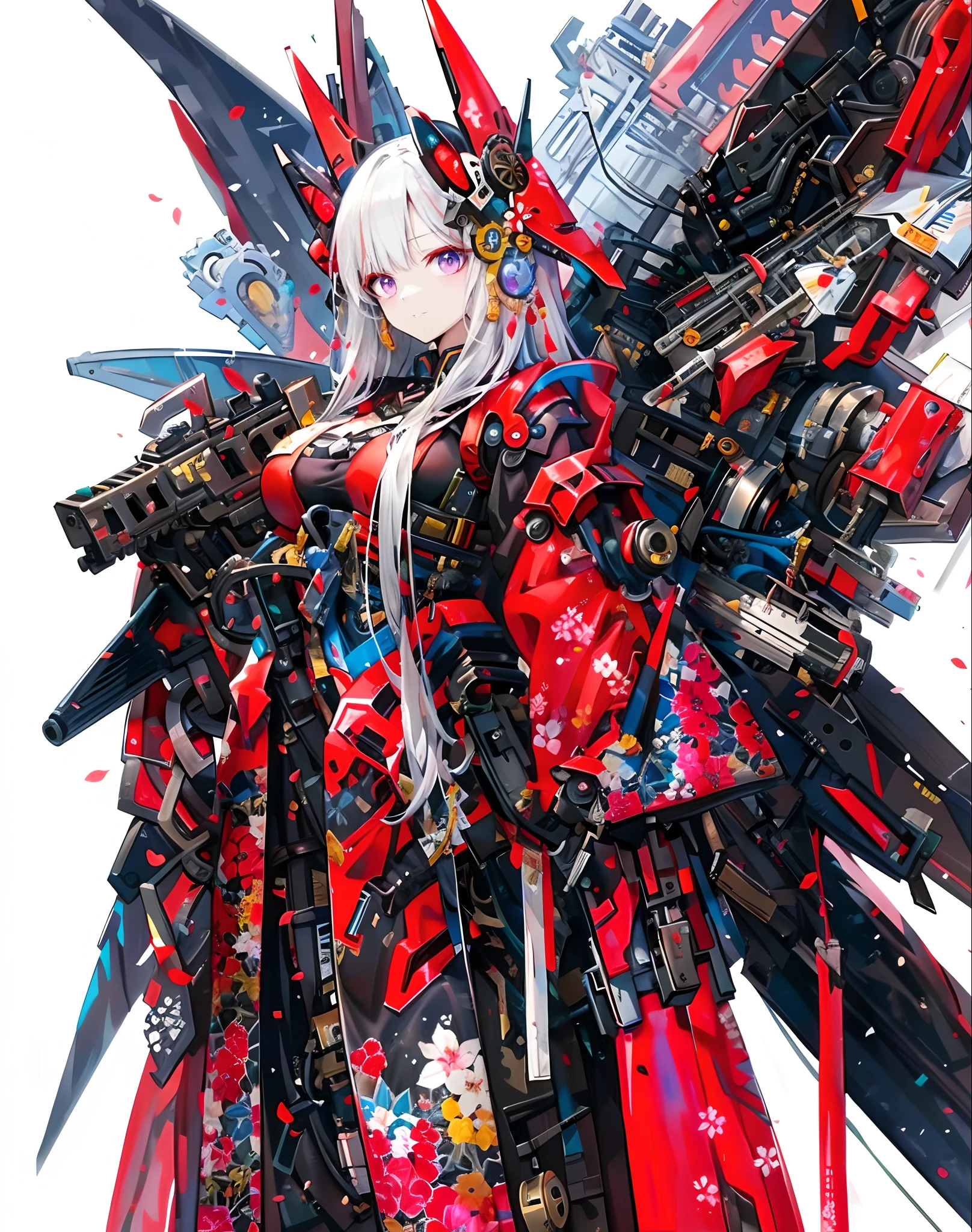 Anime-Figur mit einer Pistole und einem roten Kleid, Anime-Roboter gemischt mit Bio, Anime Manga Roboter!! anime Mädchen, cyberpunk anime Mädchen mech, mechanized valkyrie Mädchen, Anime-Mecha-Ästhetik, mechanized soldier Mädchen, Mecha-Ästhetik, digital cyberpunk anime art, cooler Mecha-Stil, bestes Anime 4k Konachan-Hintergrundbild, vollrobotergesteuert!! Mädchen, detailliertes Anime-Artwork, Schöne strahlende Augen, Wie kristallklares Glas