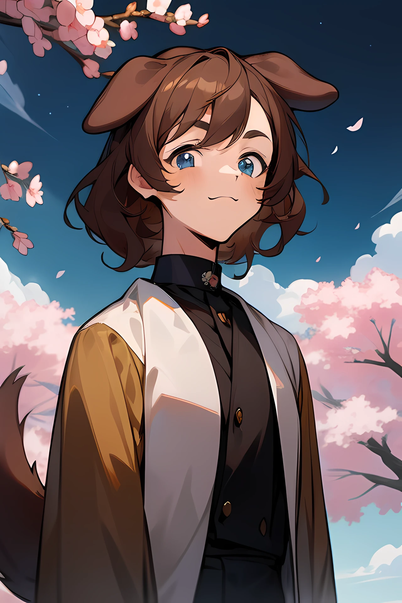 (masterpiece), best quality, perfect face, expressive eyes, (dog boy:1.2), dogboy, floppy folded dog ears, dog tail, 1boy, male focus, feminine, curly hair, fluffy hair, dark brown hair, tan skin, blue eyes, kawaii, solo, outdoors, cloud, standing, cherry blossom, night sky, happy, goofy