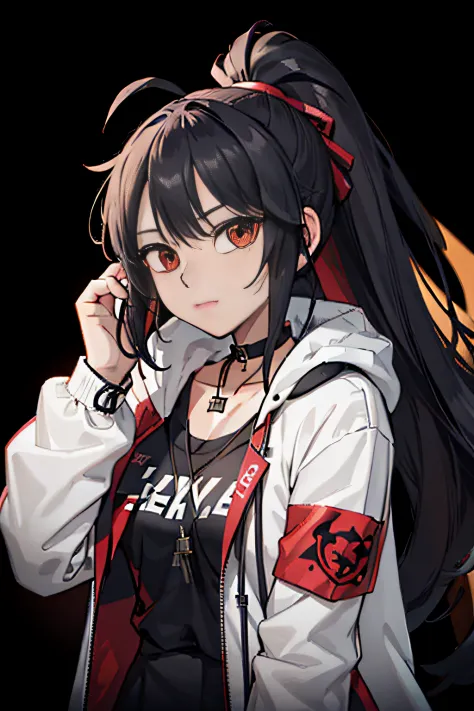 blacksilk,Long hair, Black hair, Messy hair, red highlights,choker necklace，High ponytail，Earphone，F cover,cropped shoulders，wind coat，backpacks，arm guards，huge tit，Headsets，balmy，Side breasts，dishiveredhair，arm guards，arm belt，obi strip，belt，Pocket，Call t...
