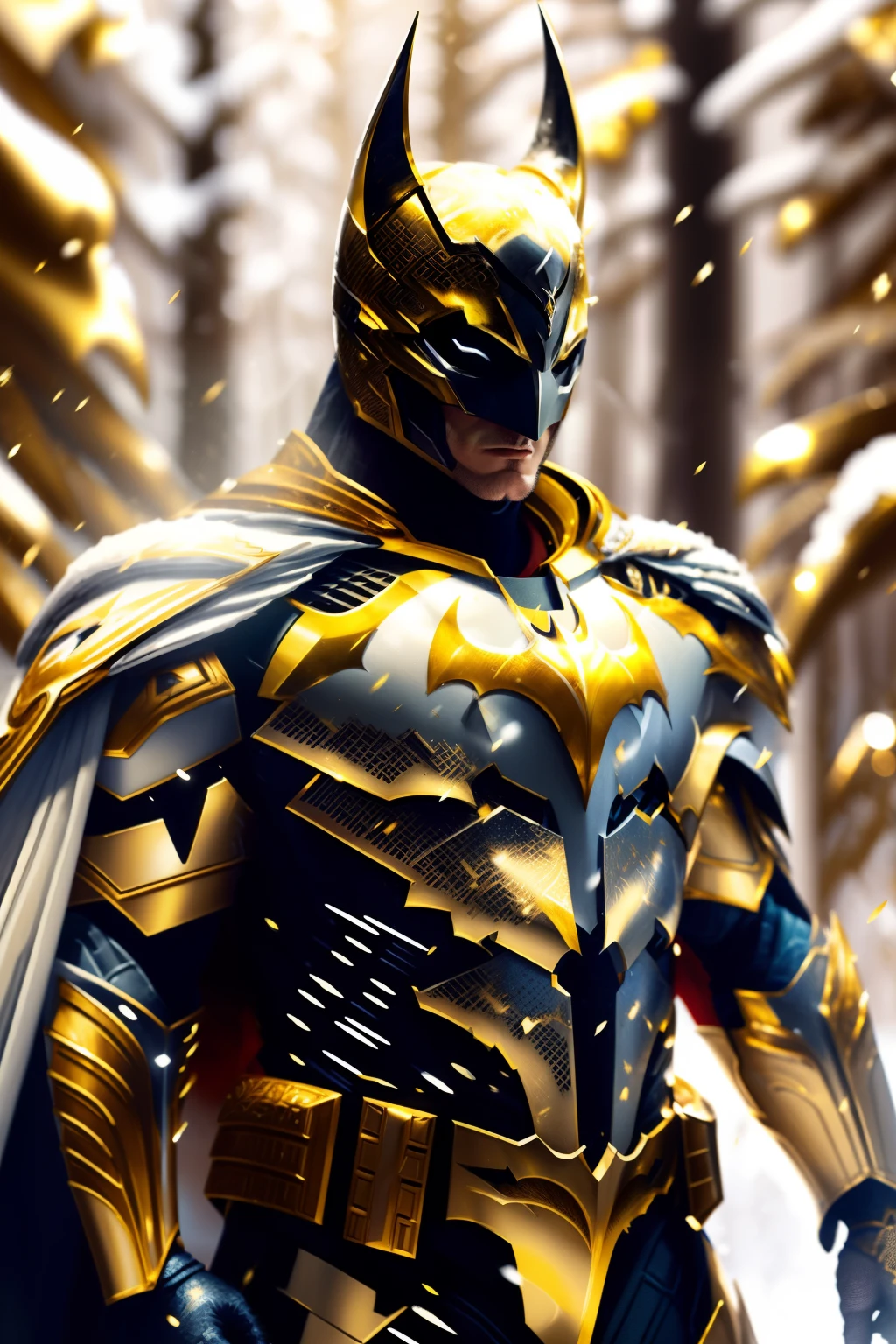 Batman full body on a white, gold and red armor suit, on a white snow forest, snow falling over the armor, the sin shines over the armor suit, hyper realistic, photorealistic, intricate fabric details, needlepoint vining elements, photo realism, 24k resolution, hyper detail art style on Leonardo Da Vinci  an award winning photo