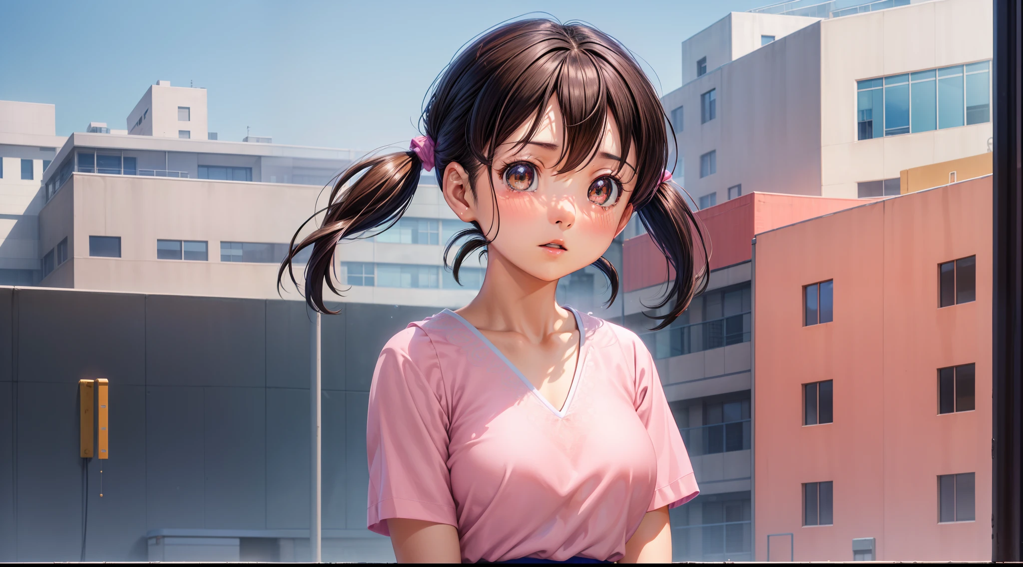 haut du corps concentré, 1 fille, Minamoto Shizuka, chemise rose, jupe bleu, yeux marron pétillants, cheveux twintail, contexte scolaire, joli visage parfait avec une peau douce, détail complexe, Résolution 8k, chef-d&#39;œuvre, Résolution 8k photorealistic chef-d&#39;œuvre, photographie professionnelle, éclairage naturel