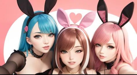 adult milf {two women} {multicolored hair} {bunny girl} {bunny leotard} blushing thighhighs {group selfie}