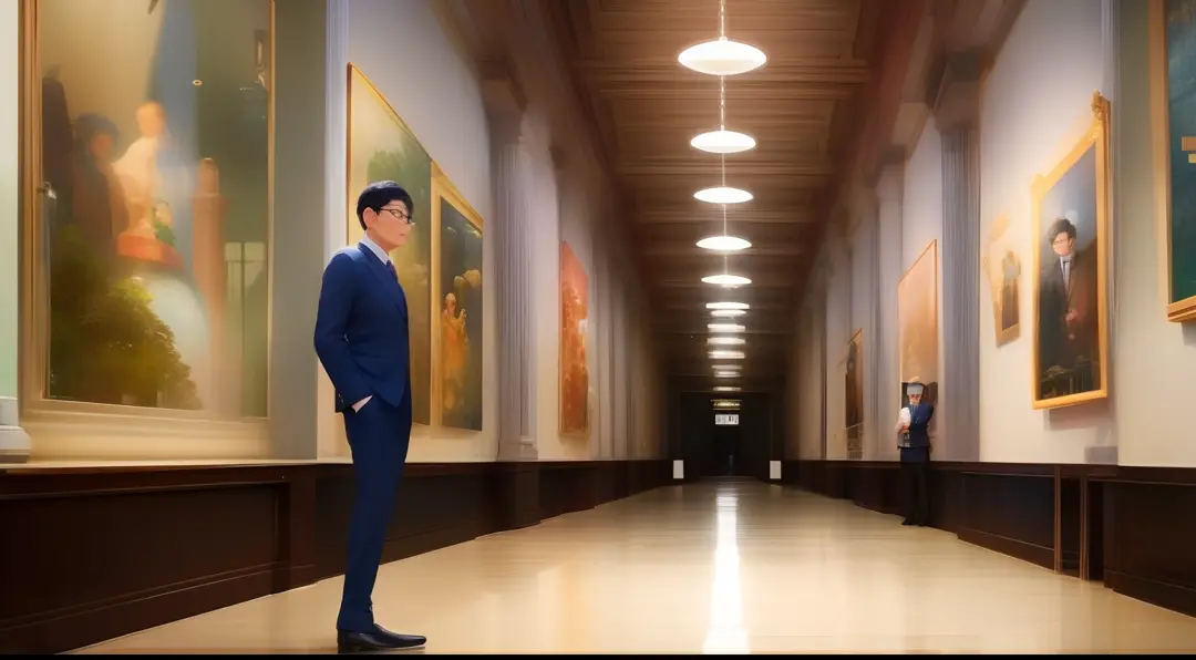 Middle aged asian man standing in museum、Wearing a dark blue suit、wears glasses、Mysterious atmosphere