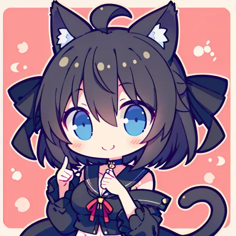 girl with、Chibi、((Best Quality, high_resolution, Distinct_image)),(Black hair), (Black cat ears), (Ahoge), (absurdly short hair), (Wavy Hair), (Blue eyes),、A smile、Mouth closed。mideum breasts、piece sign