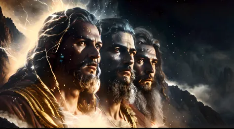 a couple of men standing next to each other on a mountain, biblical epic movie, mitologia, epic scene of zeus, dramatic artwork,...