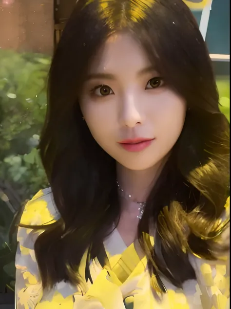 a close up of a woman with long hair wearing a yellow shirt, tzuyu from twice, lalisa manobal, Shin Jinying, jaeyeon nam, lalisa...