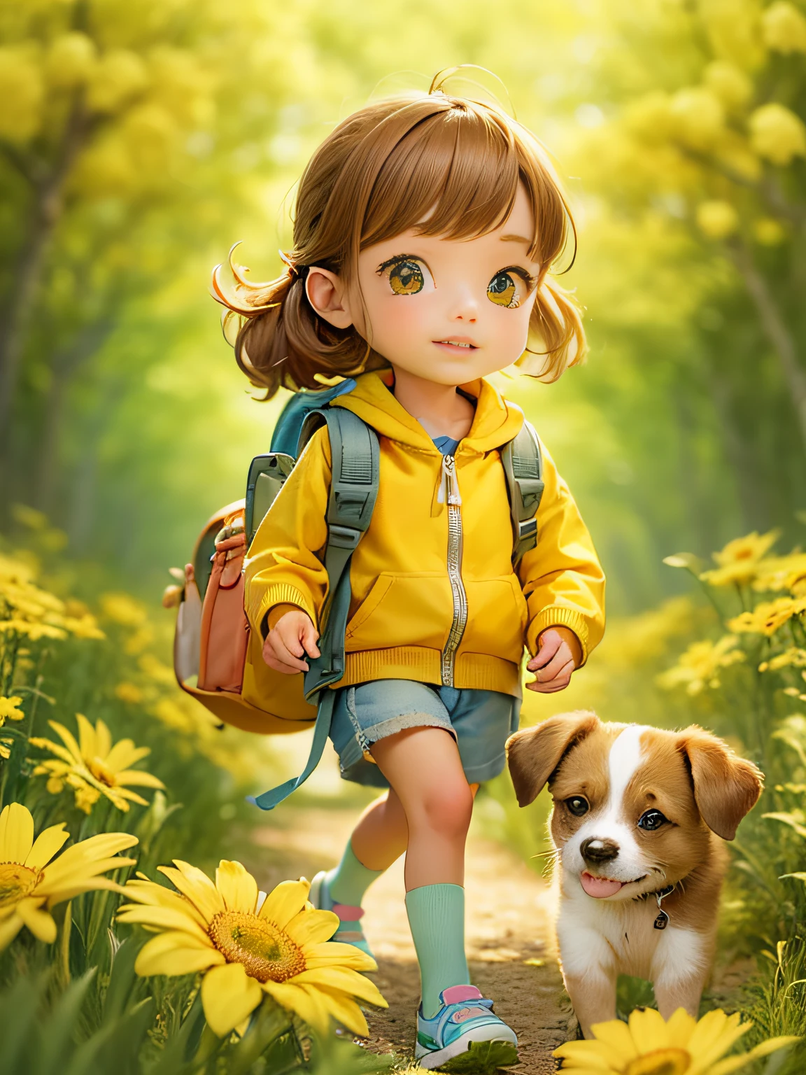 とてもかわいい ，バックパックを背負ってかわいい子犬を連れて，美しい春の散歩をお楽しみください，美しい黄色い花と自然に囲まれた. イラストは4K解像度の高精細イラストです，非常に詳細な顔の特徴と漫画風のビジュアル.