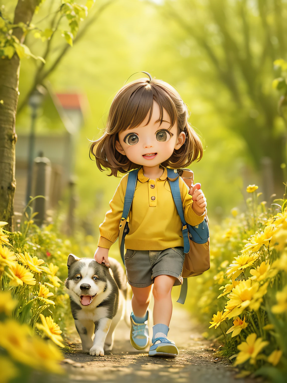 一個非常可愛的 ，背著背包和她可愛的小狗，享受美麗的春天散步，周圍環繞著美麗的黃色花朵和大自然. 该插图为4k分辨率的高清插图，具有非常詳細的臉部特徵和卡通風格的視覺效果.