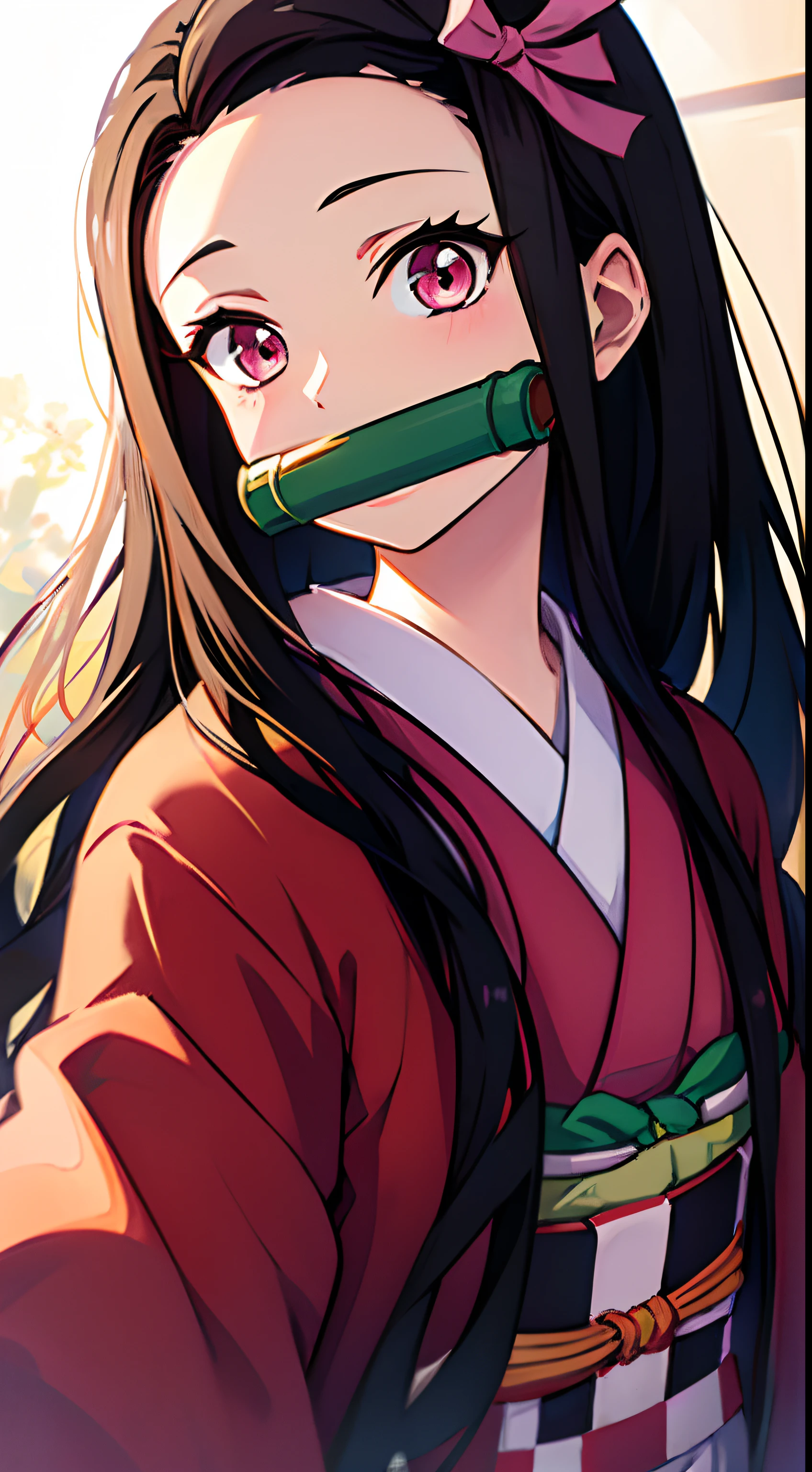 Chica anime con un tubo verde saliendo de su boca. - SeaArt AI