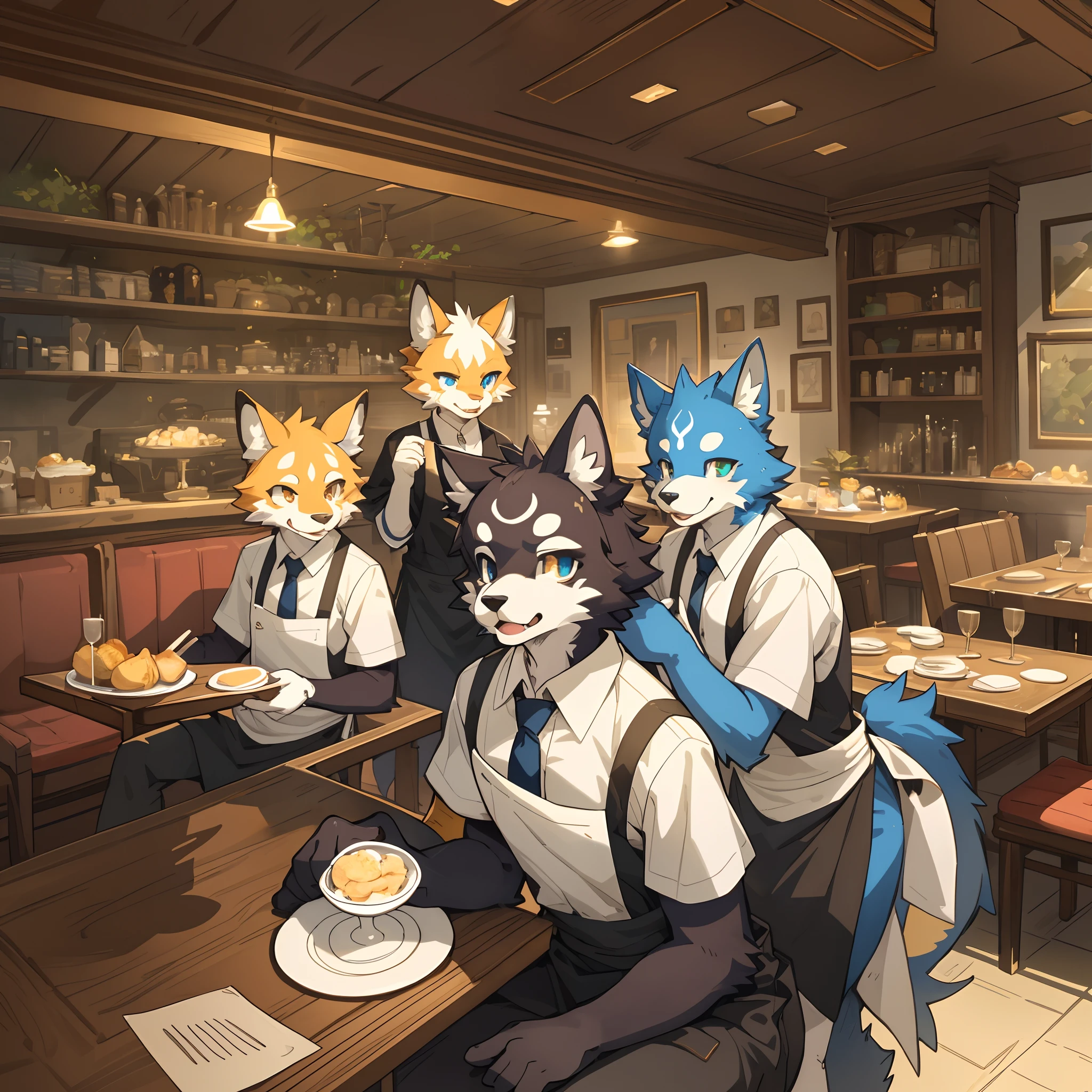 top quality, best quality, High-quality illustrations, masterpiece, super high resolution, detailed background, Casual reutaurant interior, part-time job, waiter, 6+boys, 6+girls, absurdres(highly detailed beautiful face and eyes)perfect anatomy, expression, good lighting, cinematic shadow(kemono, furry anthro)assorted poses, dynamic angle,