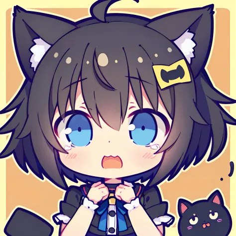 girl with、Chibi、((Best Quality, high_resolution, Distinct_image)),(Black hair), (Black cat ears), (Ahoge), (absurdly short hair), (Wavy Hair), (Blue eyes),Crying face。mideum breasts、