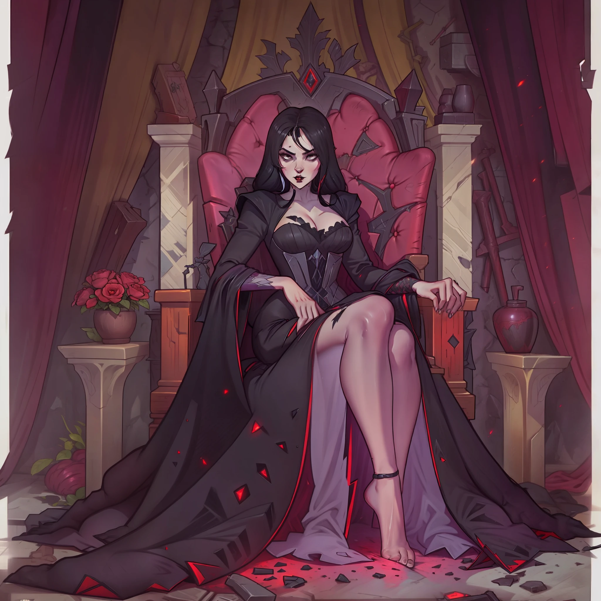 женщина-вампир, графиня, зло, Имеет длинные черные волосы, в королевском черном платье, сидящий на троне
