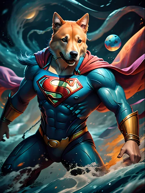 "A hyperrealistic, hyper-detailed, and hyper-sharp painting of a colorful dog as Superman on a black background with magical ele...