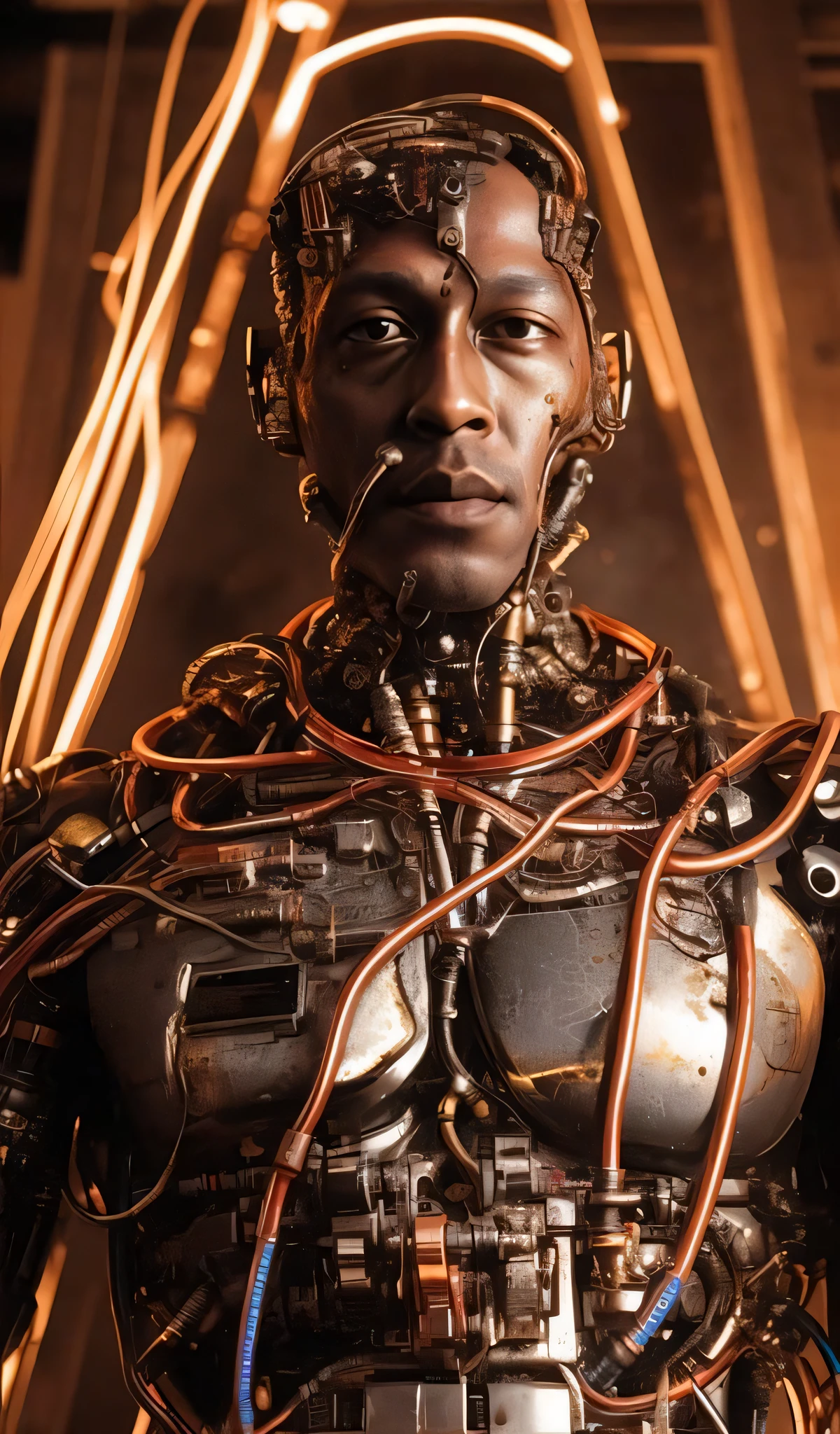Cyborg-Mann-Porträt, Freiliegende Drähte, Goldöl tropft aus rostigen Drähten