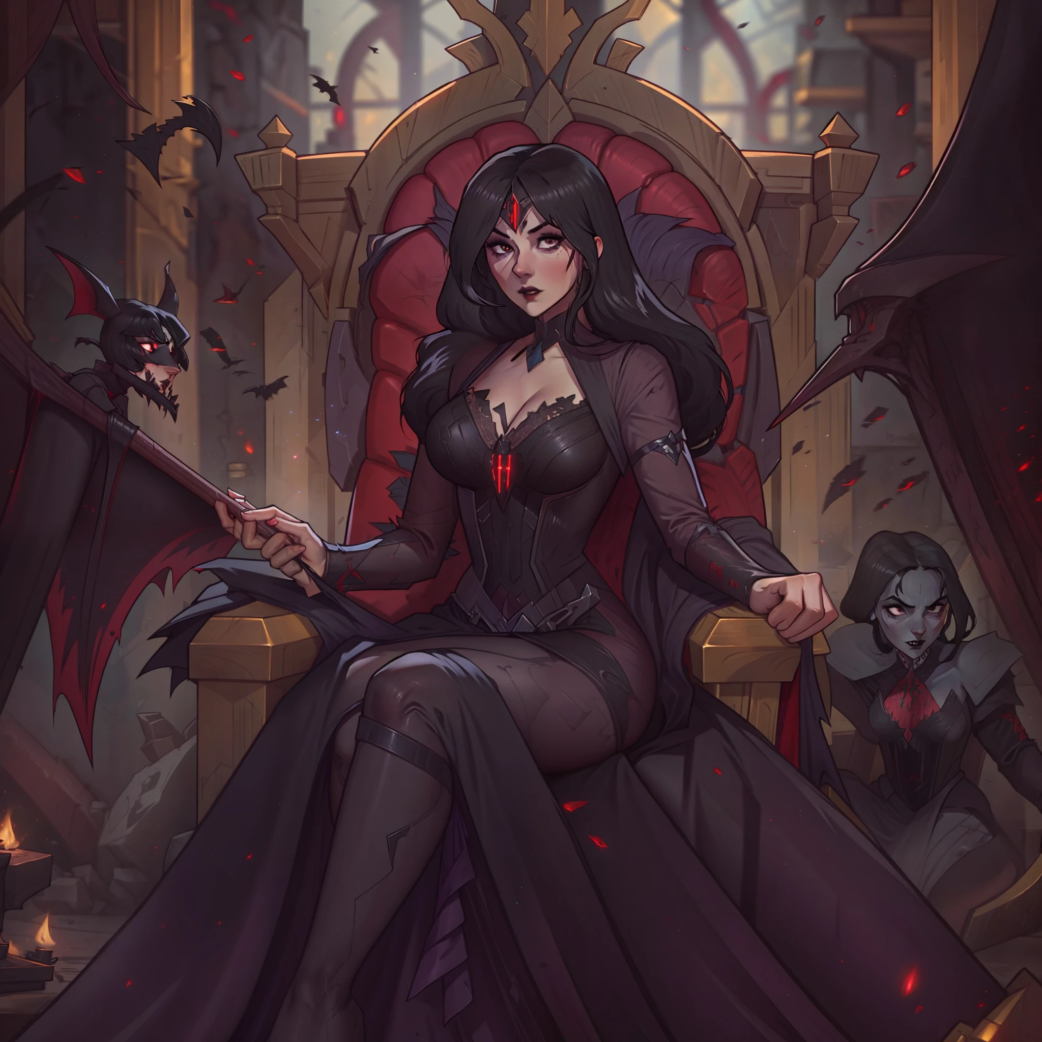 weibliche Vampirgräfin, teuflisch, hat lange schwarze Haare, trägt ein königliches schwarzes Kleid, auf dem Thron sitzend